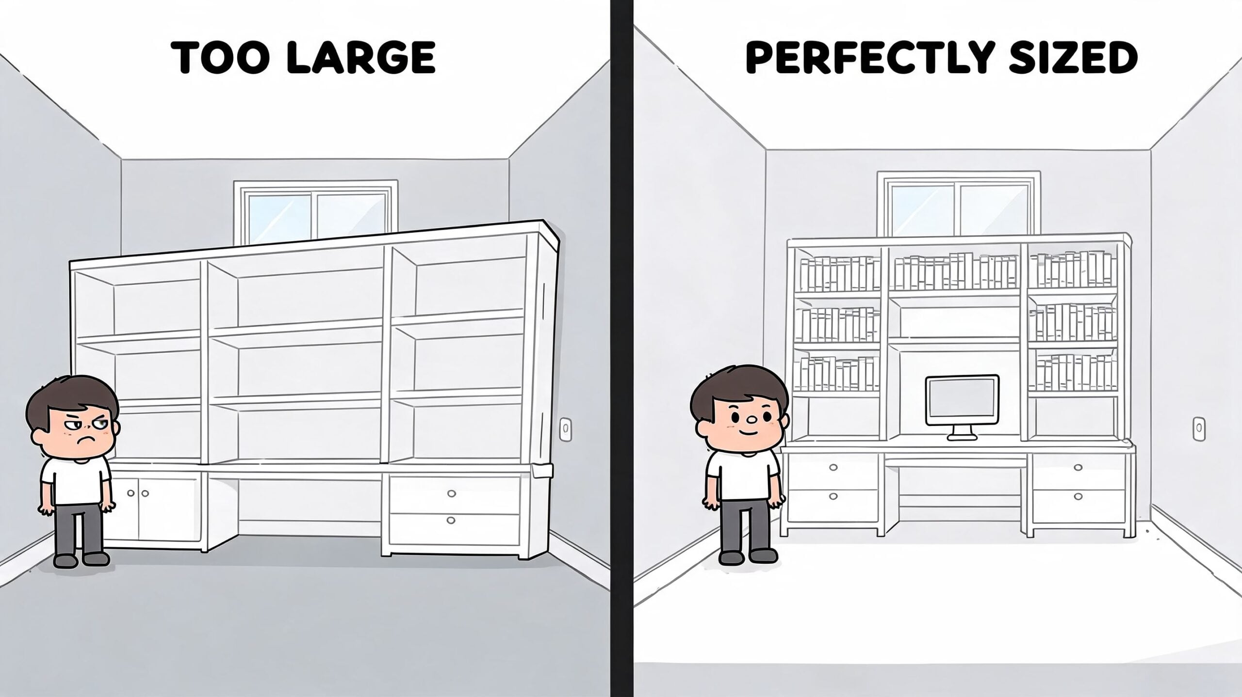 A comparison showing an oversized bookcase versus a perfectly sized bookcase with a built-in desk unit.