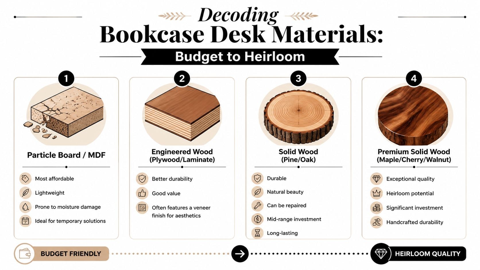 A guide illustrating four types of bookcase desk materials ranging from budget particle board to premium wood.