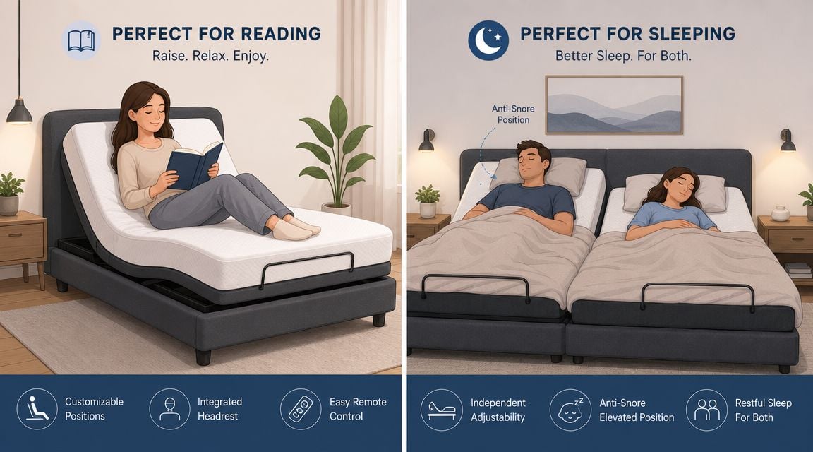 A split image showing an adjustable bed used for reading on the left and sleeping on the right.