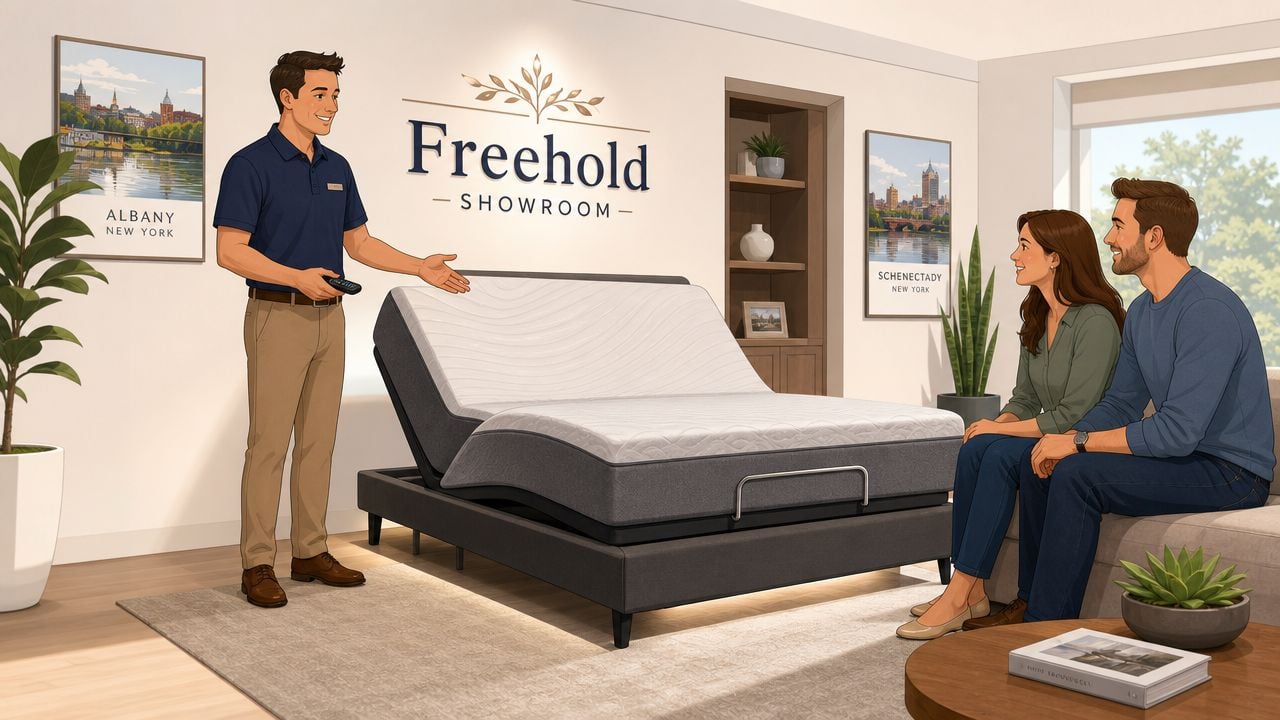 A friendly showroom associate demonstrates the features of a modern adjustable bed to a couple sitting nearby.