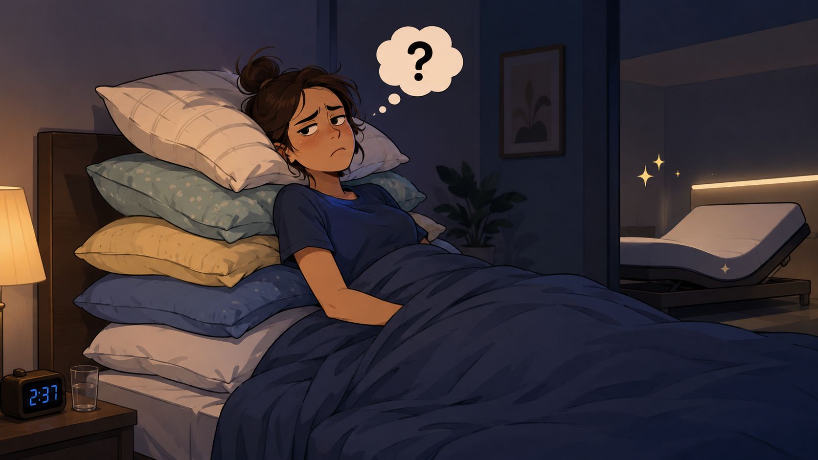 A tired woman propped up by many pillows in bed wondering about an adjustable bed nearby.
