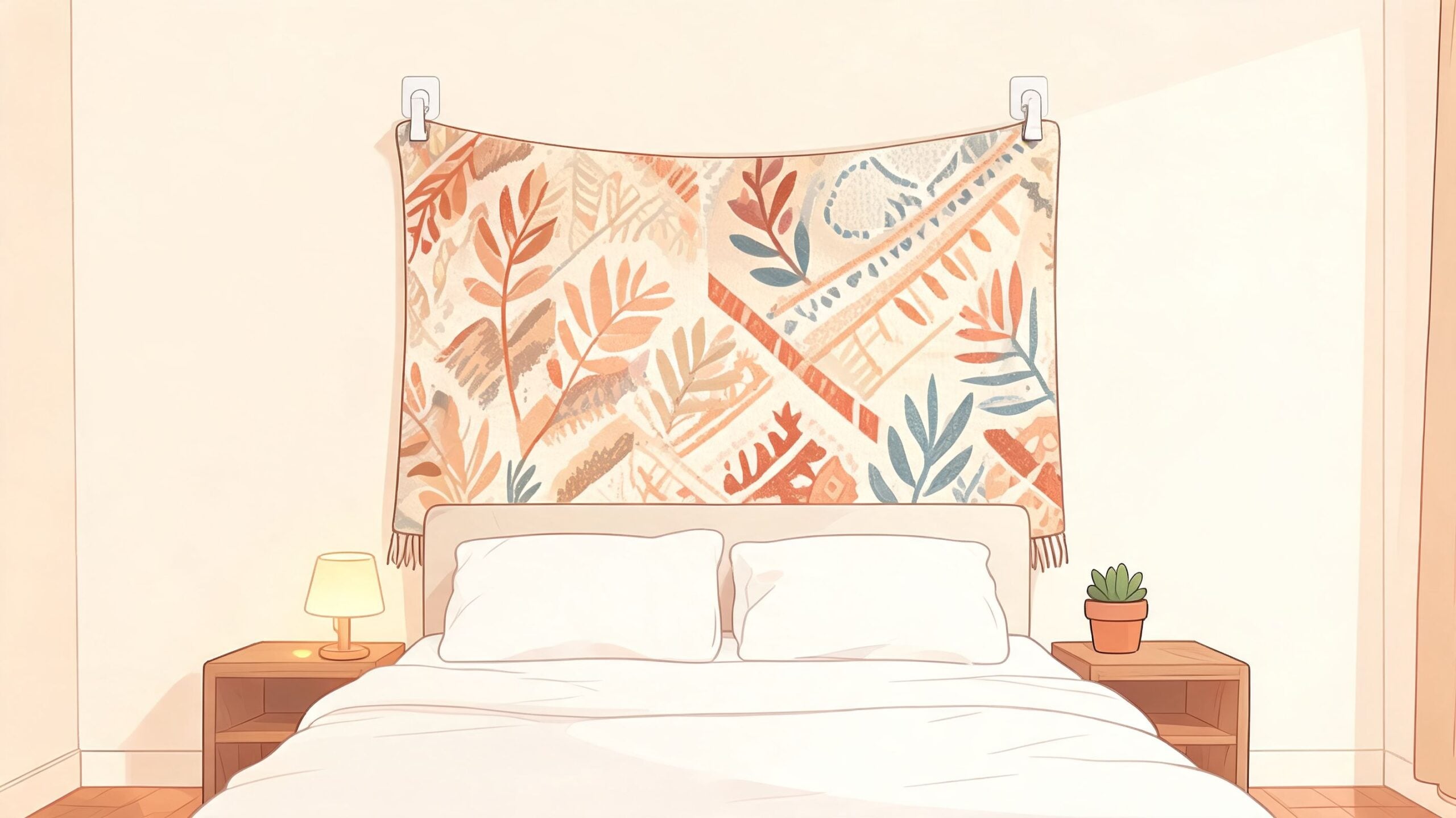 A cozy bedroom with a patterned fabric wall tapestry hung above the headboard as a creative decor piece.