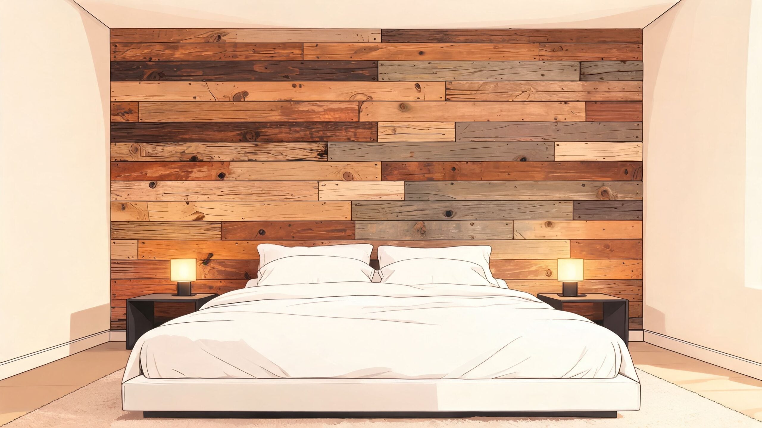 A modern bedroom with a large bed against a rustic reclaimed wood plank feature wall with lamps.