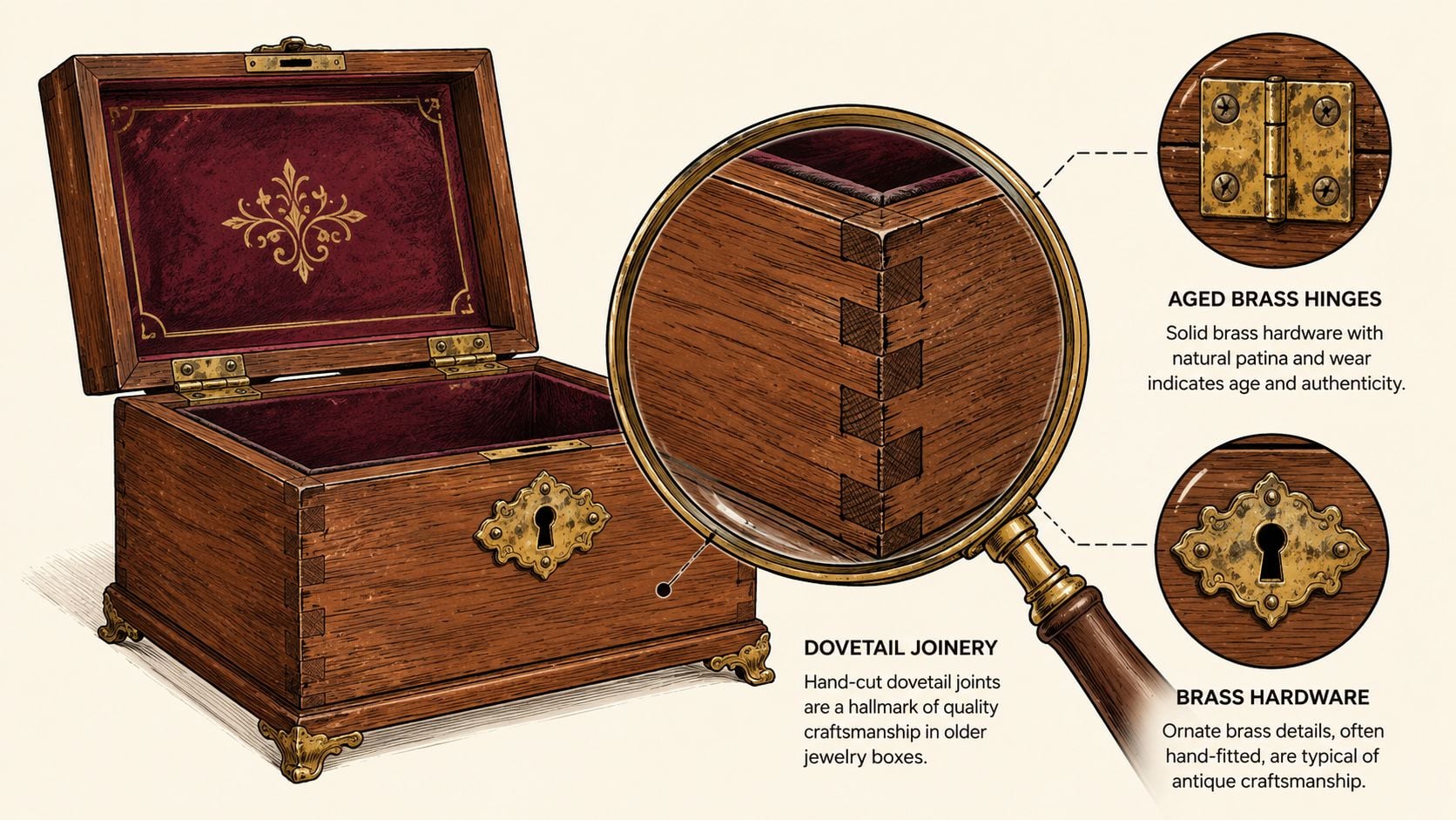 A detailed illustration of an antique wood jewelry box showing ornate brass hardware and dovetail joinery features.