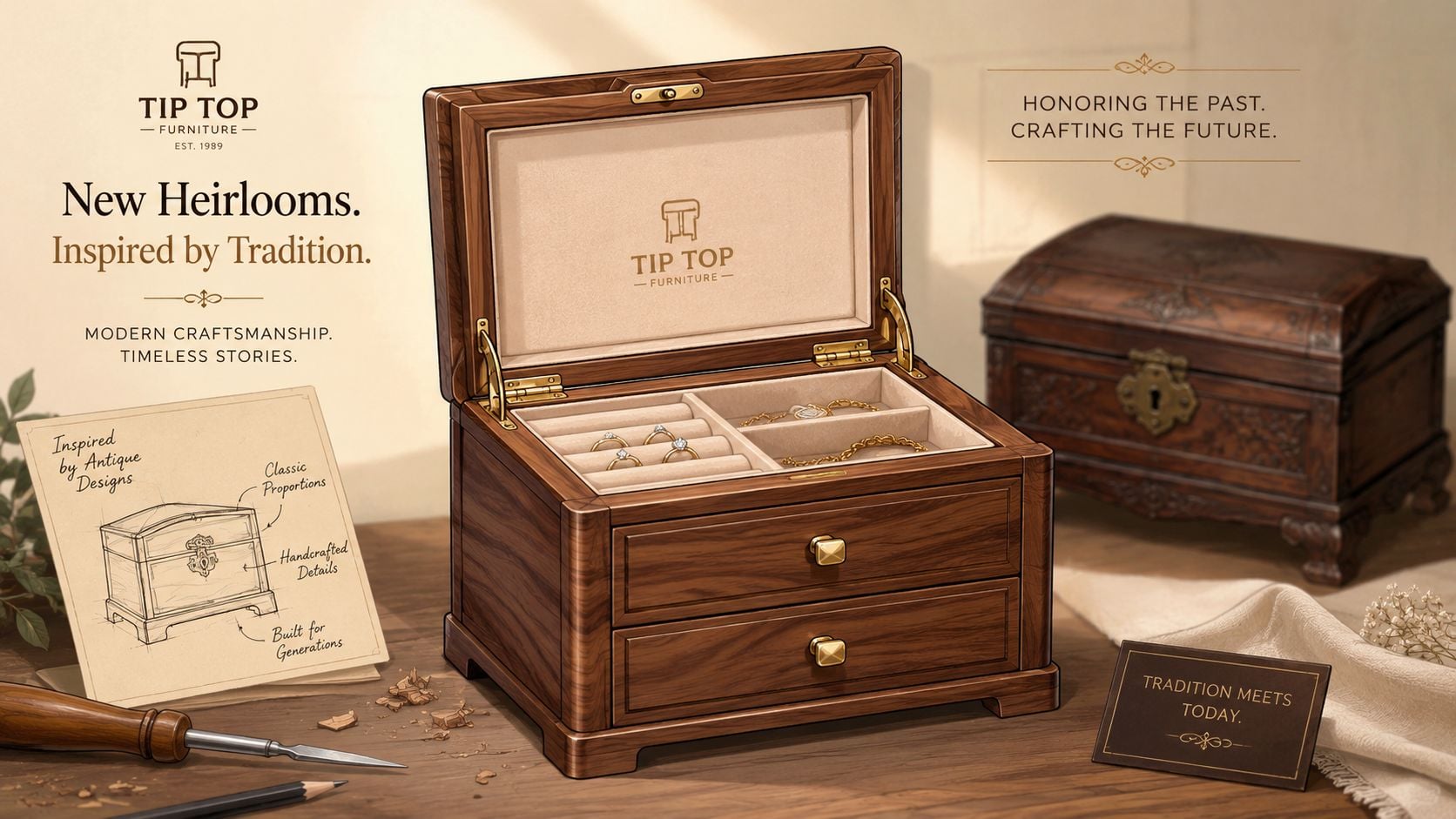A high-quality wooden jewelry box open on a table next to a drawing and drafting tools.
