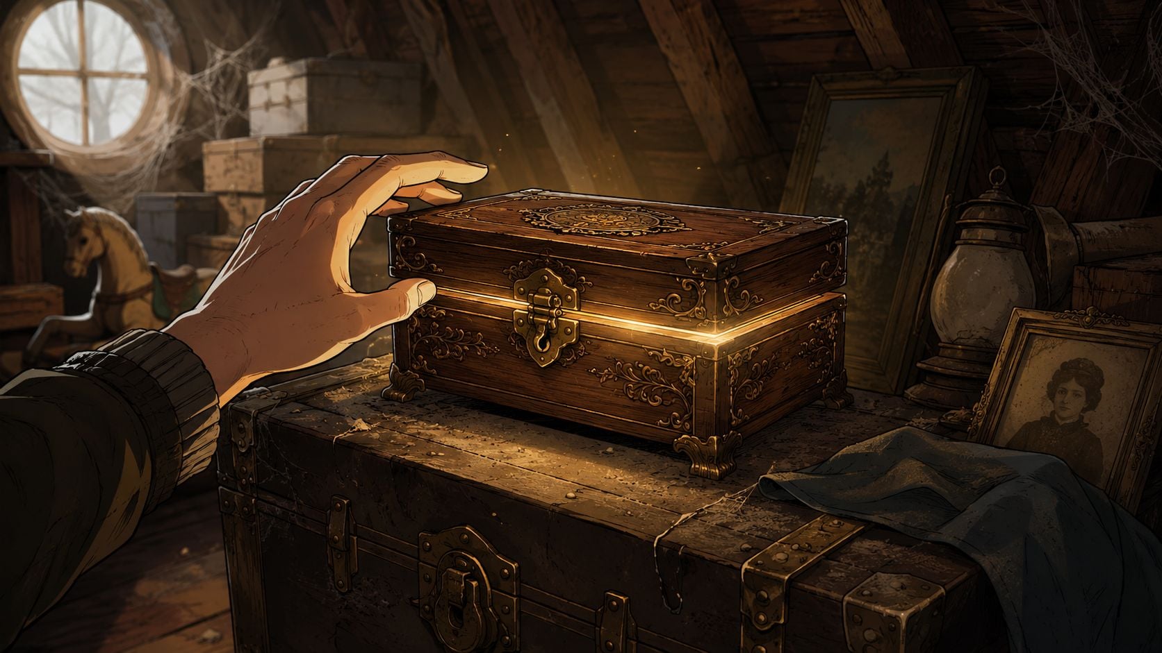 A person's hand reaches toward an ornate, glowing antique wooden jewelry box resting on an old trunk.