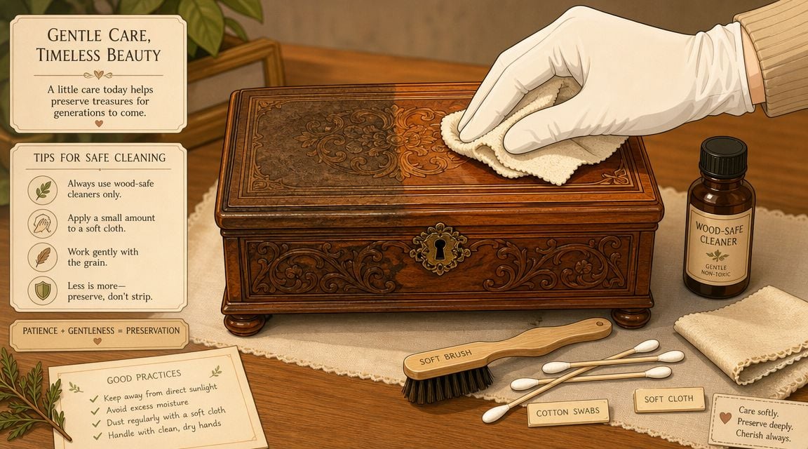 A hand wearing a white glove cleans an ornate wooden jewelry box with a soft cloth.