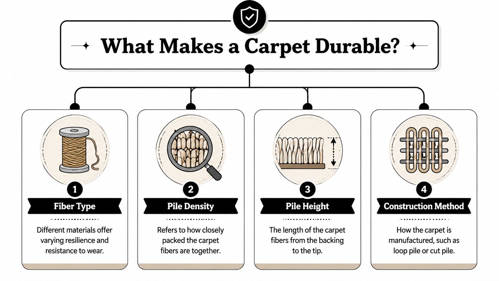 An infographic titled What Makes a Carpet Durable, explaining fiber type, pile density, pile height, and construction method.