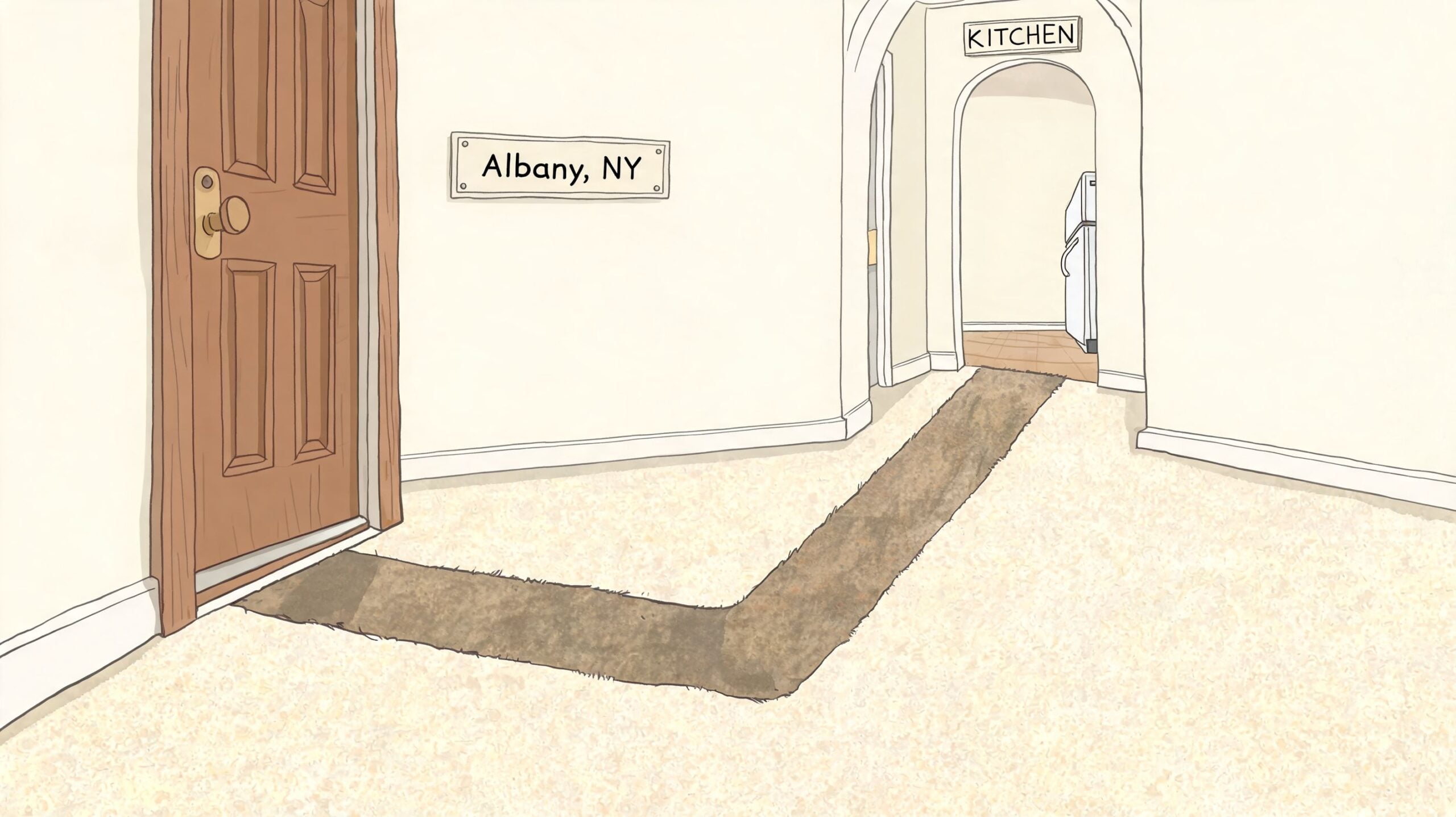 A brown L-shaped carpet runner placed on a light-colored carpet in a house hallway near a door.