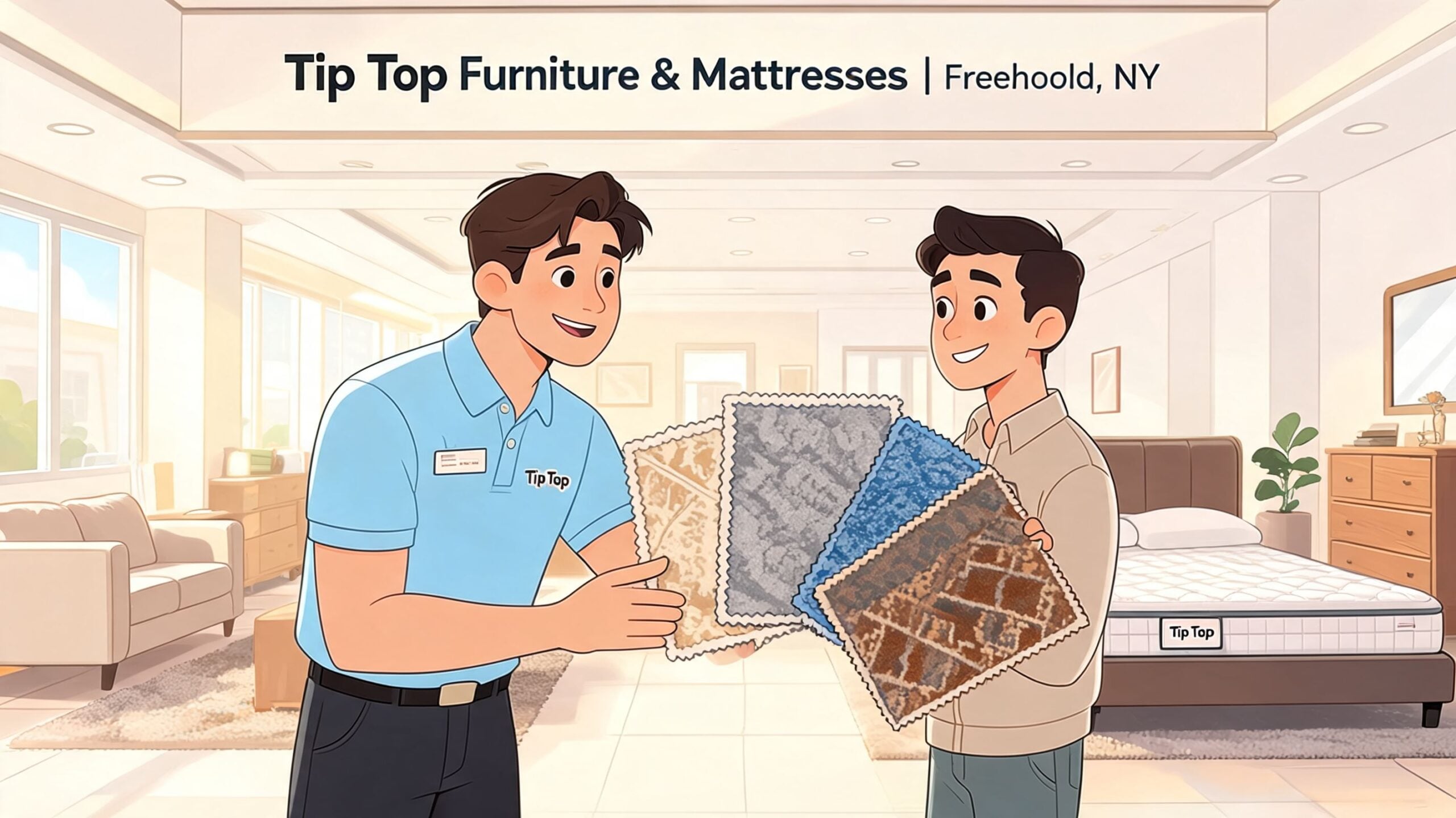 A friendly furniture store employee showing different carpet fabric samples to a customer inside a showroom.
