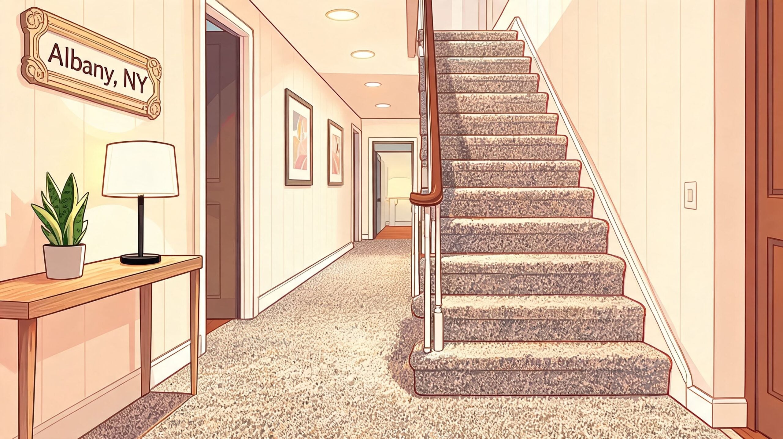 A cozy, well-lit indoor hallway featuring beige carpet, wooden furniture, and stairs leading to the upper level.