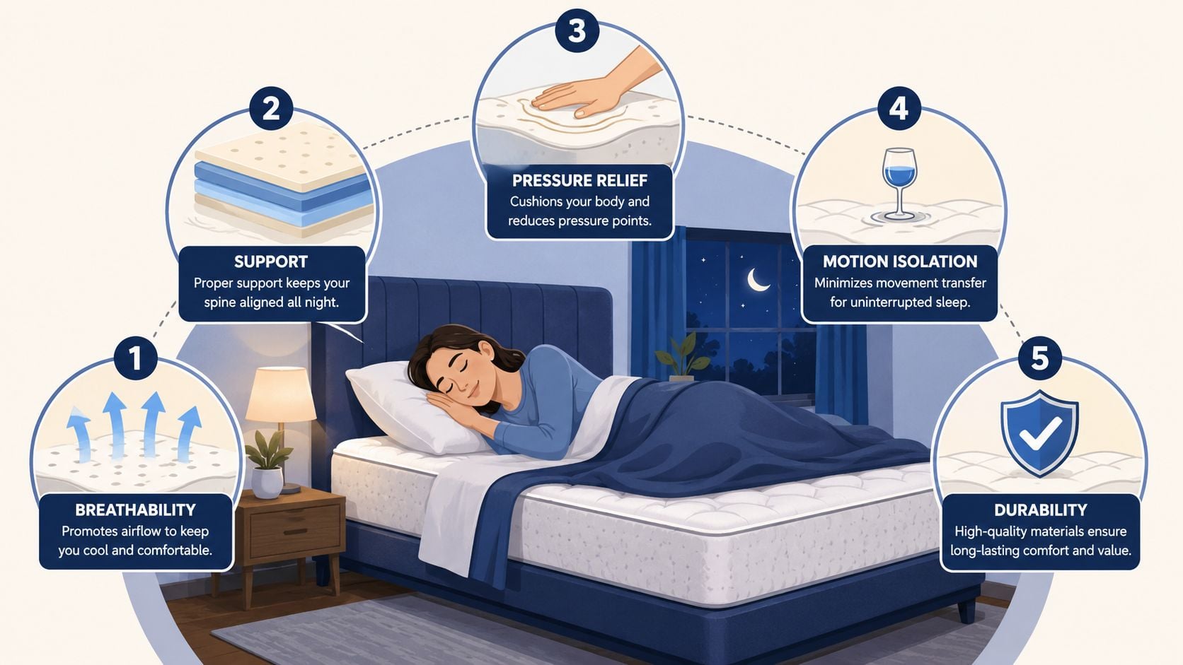 A diagram illustrating the five key features of a mattress including breathability, support, pressure relief, motion isolation, and durability.