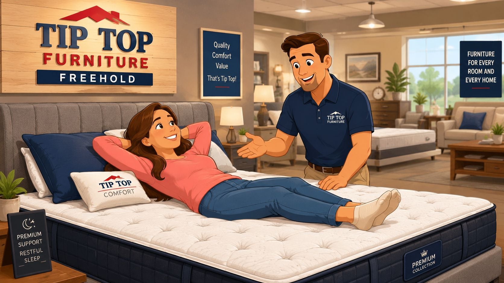A smiling sales associate demonstrating a comfortable mattress to a customer in a home furniture store showroom.