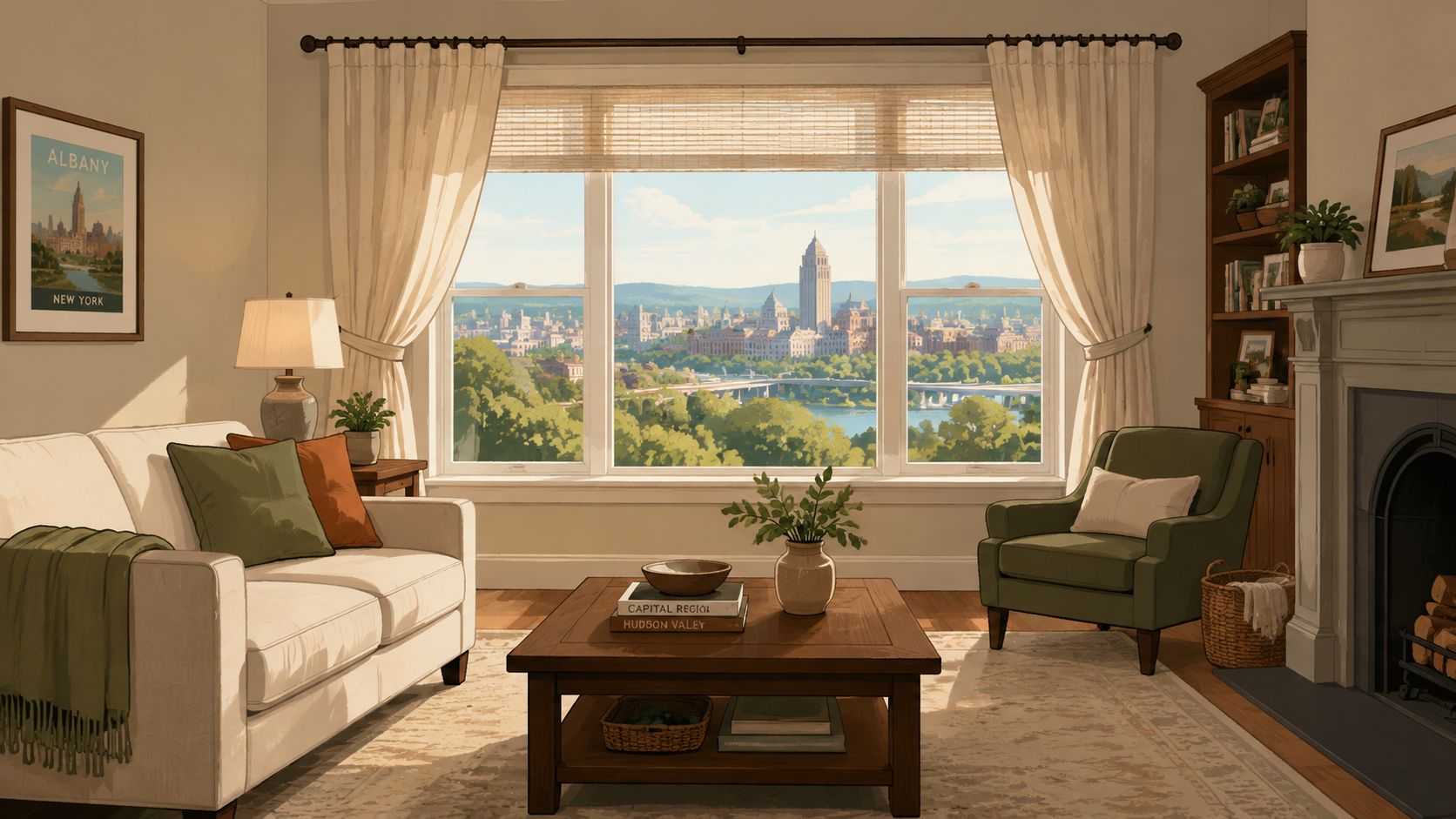 A cozy living room with a large window overlooking a scenic city view and Albany artwork.