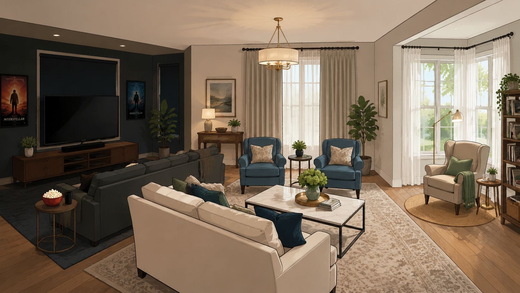 A cozy, spacious living room with neutral walls, blue accent chairs, and an elegant window area.