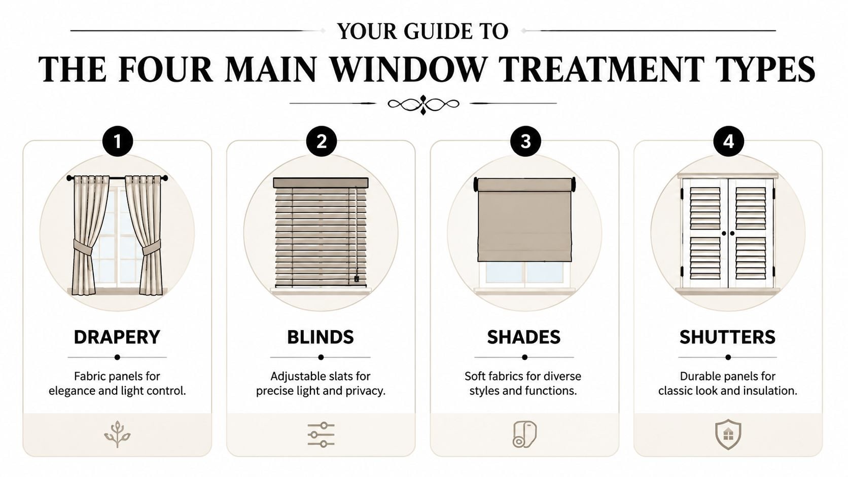 An infographic titled The Four Main Window Treatment Types featuring illustrations and descriptions of drapery, blinds, shades, and shutters.
