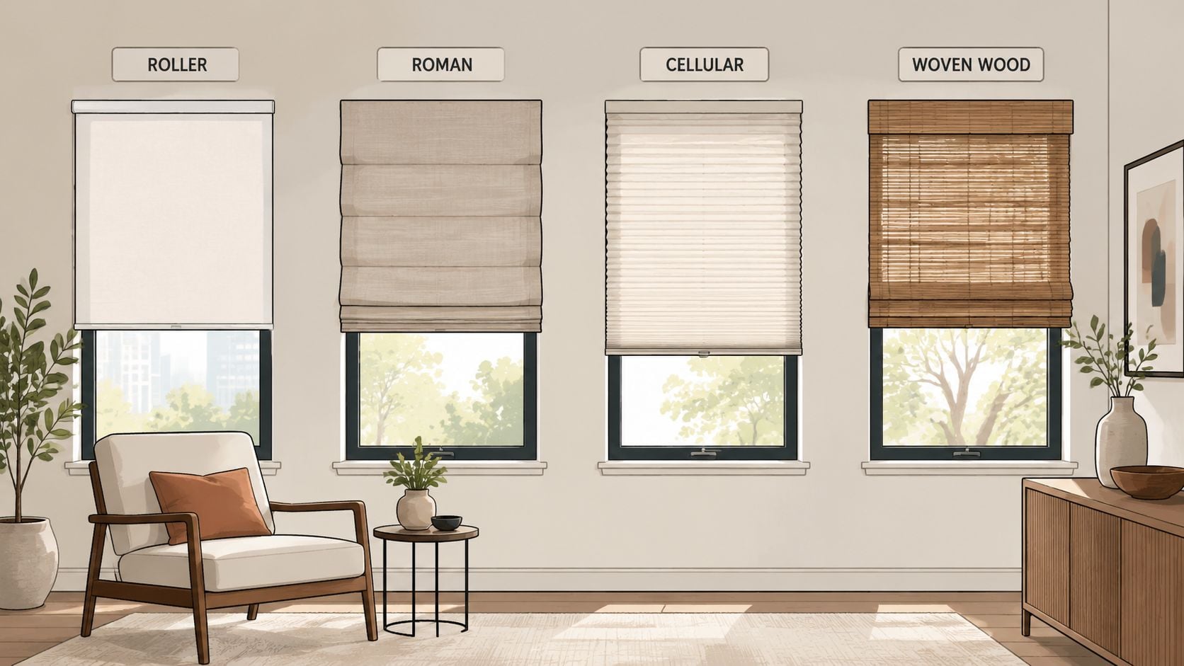 Four different types of window shades, including roller, roman, cellular, and woven wood, displayed in a living room.