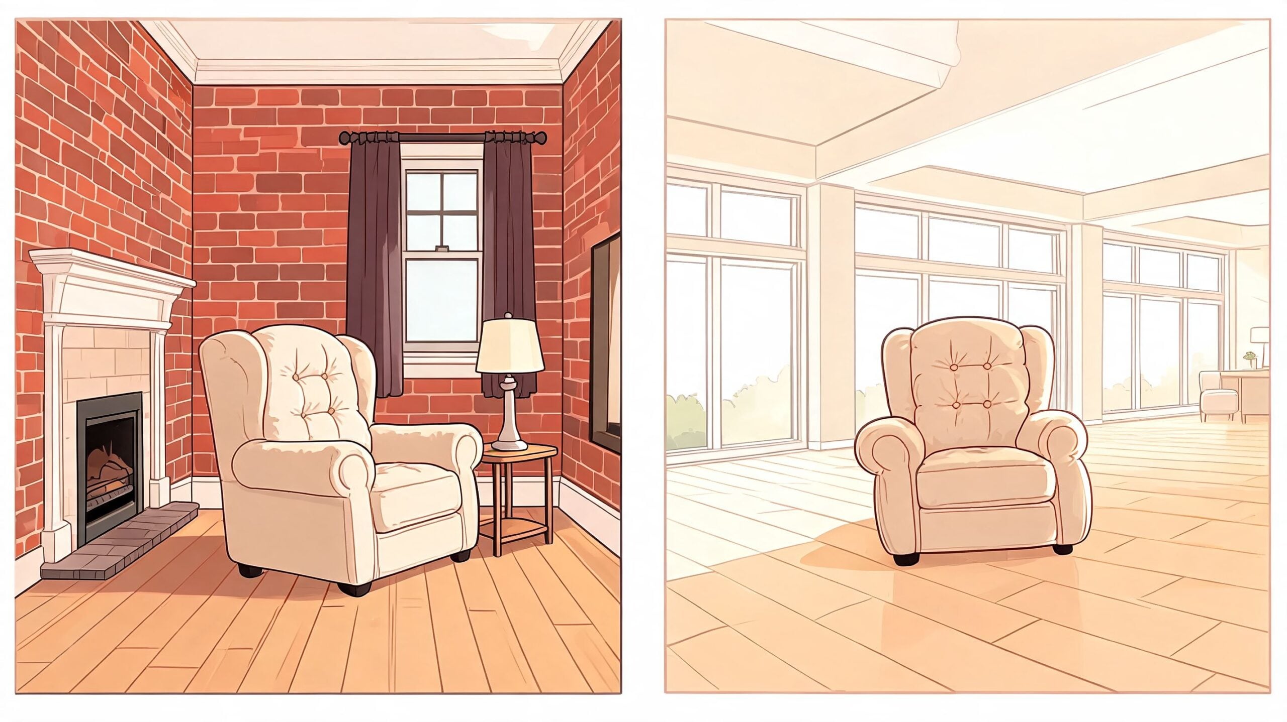 A split image showing a comfortable armchair in a brick-walled room and a modern, sunlit living area.