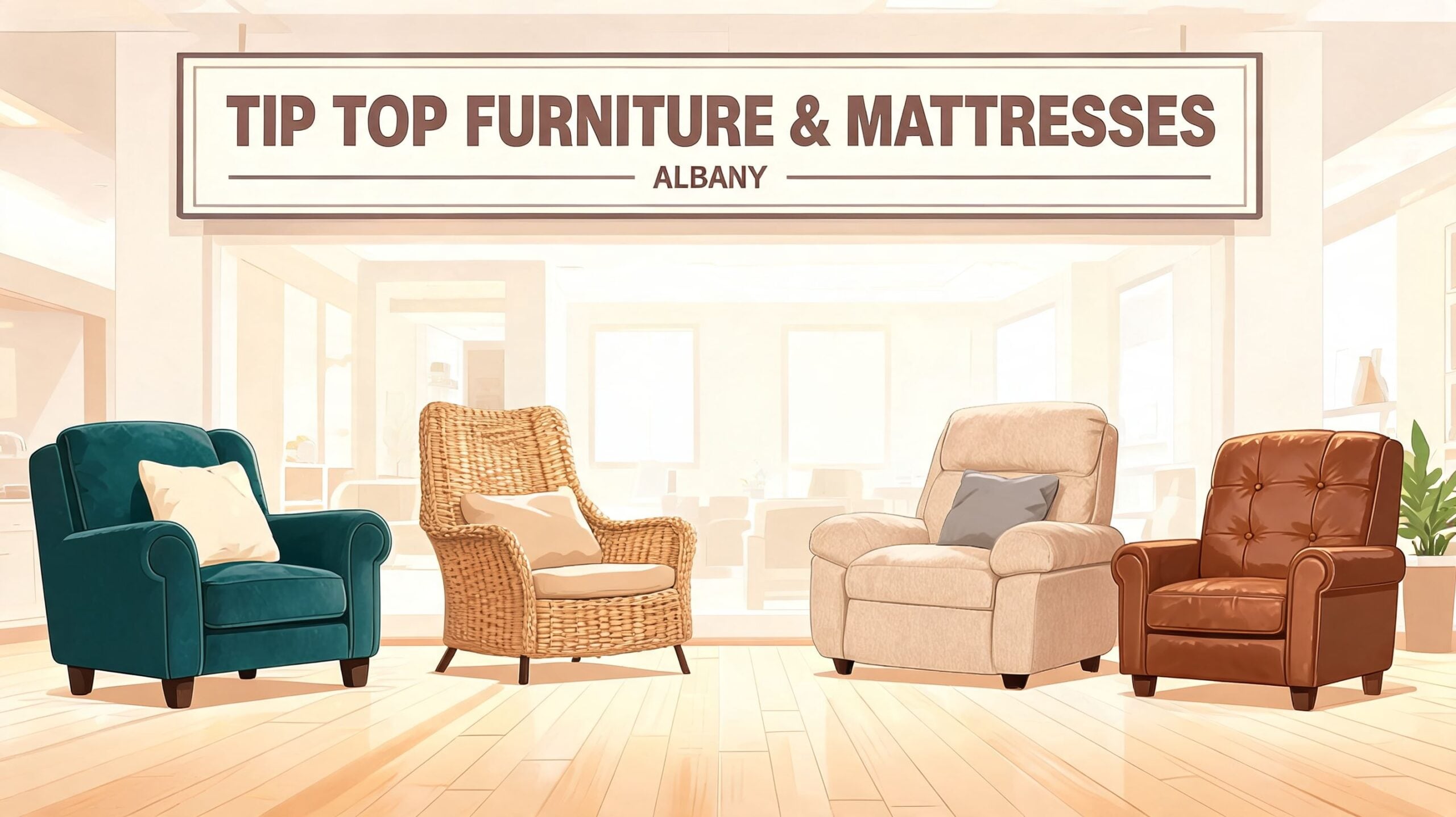 Four different styles of chairs including upholstered and wicker options inside a bright furniture store showroom.