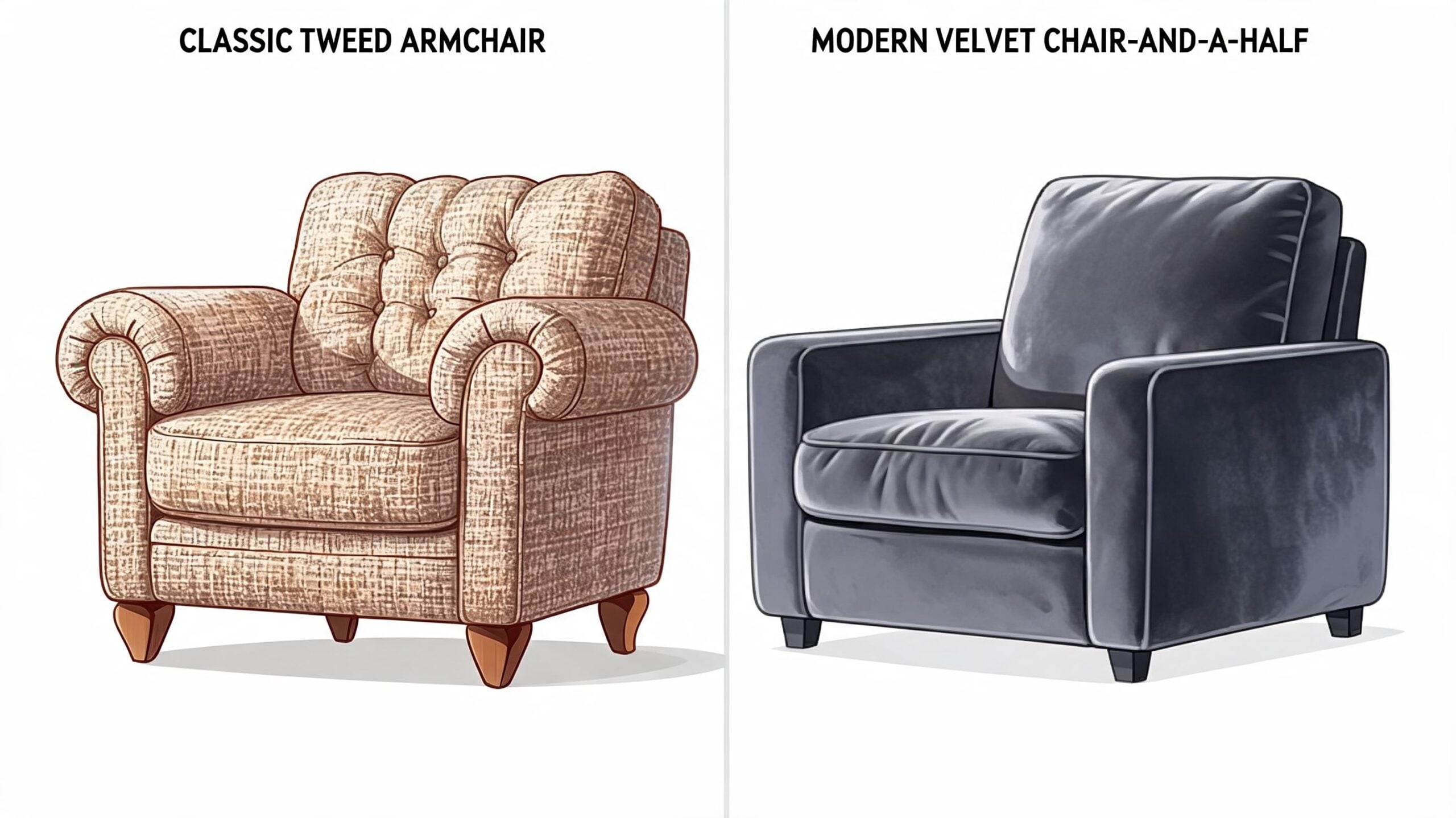 A side-by-side illustration comparing a classic tufted tweed armchair and a sleek modern velvet chair-and-a-half.