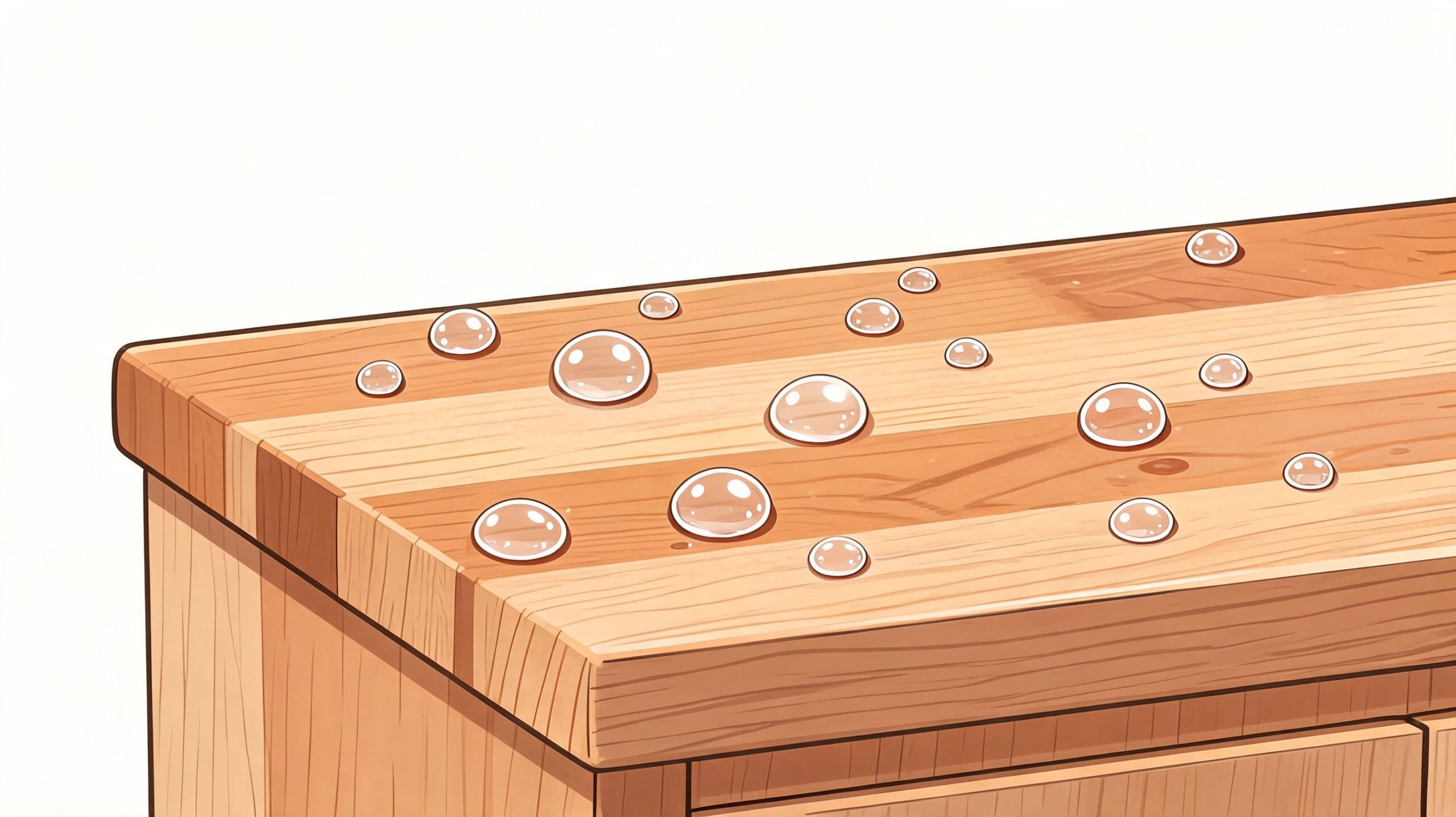 Water droplets resting on the surface of a sealed wooden butcher block bathroom vanity countertop.