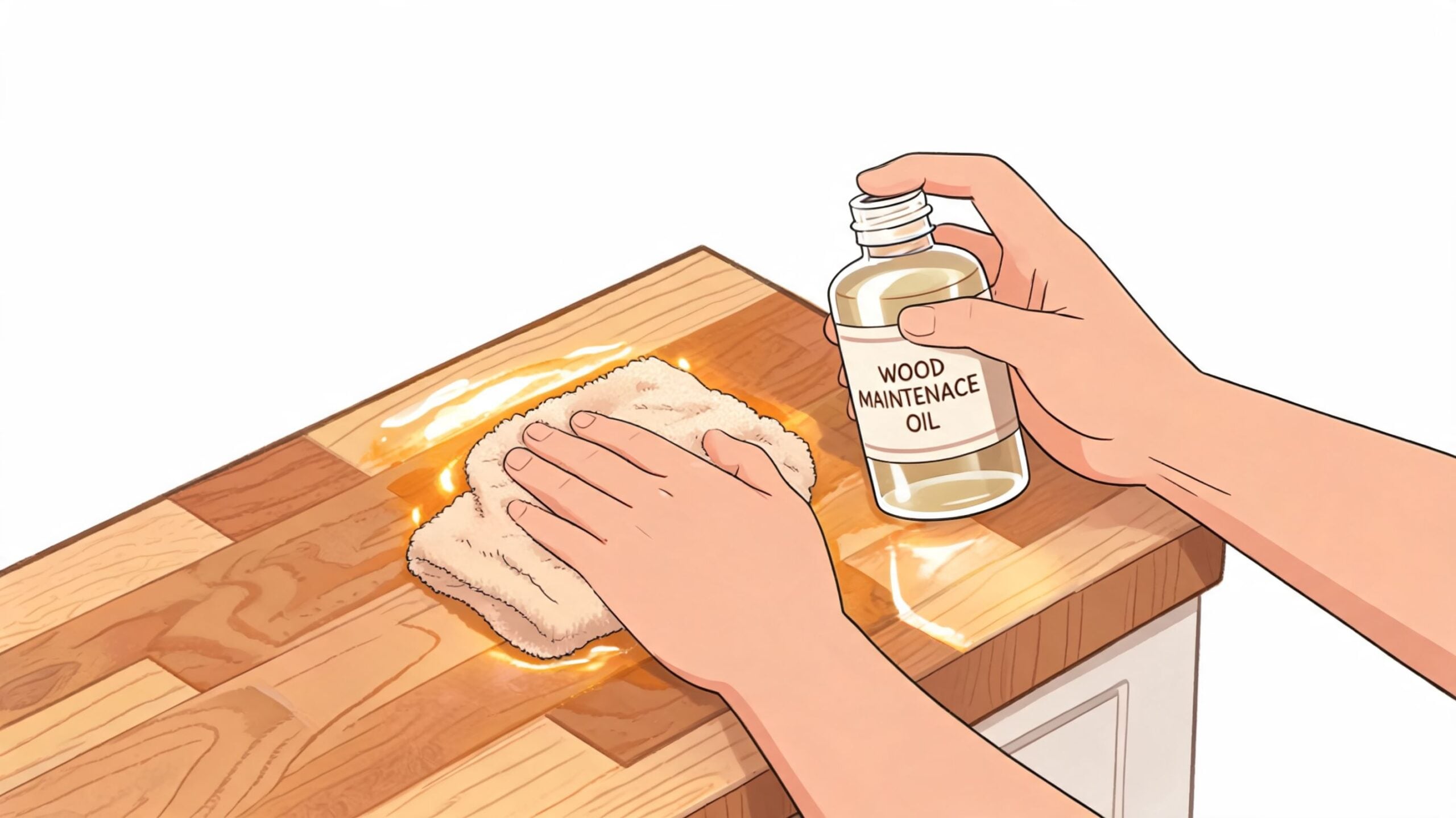A person applying wood maintenance oil to a wooden countertop using a cloth for surface care.