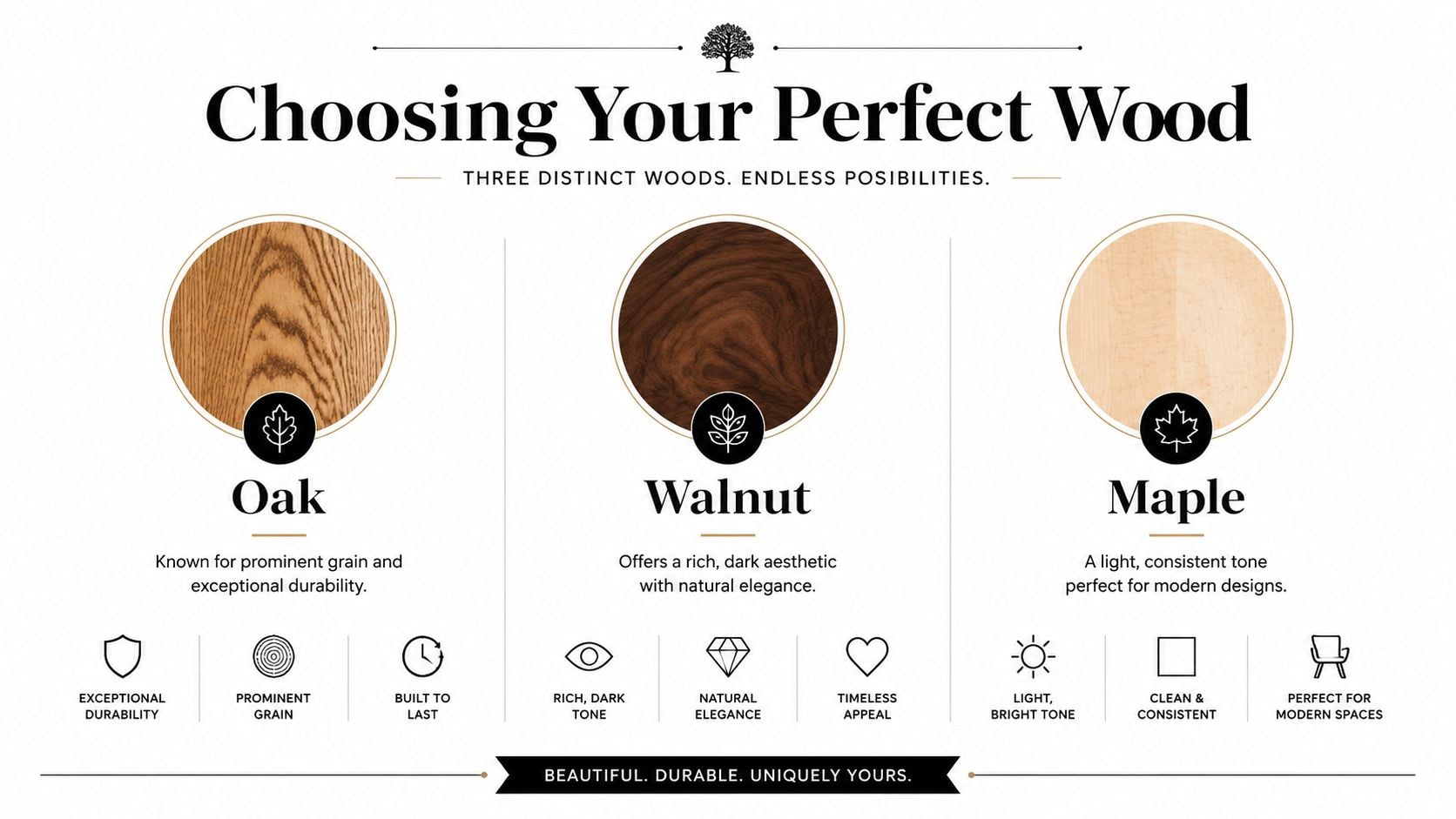 A guide showing wood types for furniture including oak, walnut, and maple with their key aesthetic characteristics.