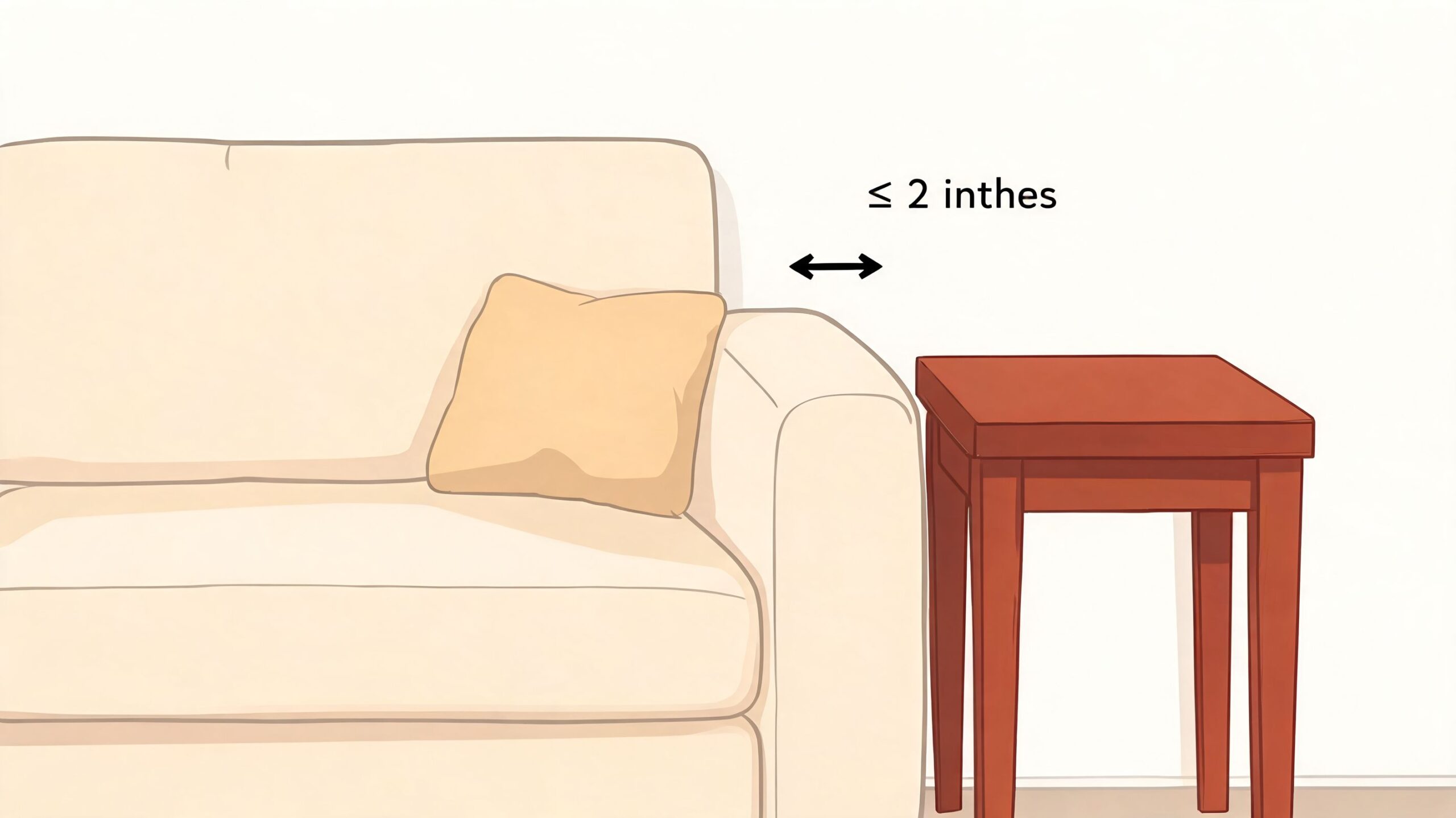 A diagram showing a sofa placed at a distance of two inches from a wooden end table.
