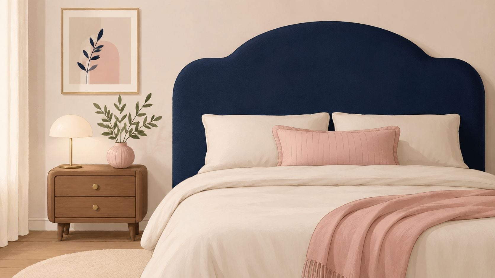 A stylish bedroom interior featuring a navy blue headboard complemented by soft pink accents and wooden furniture.