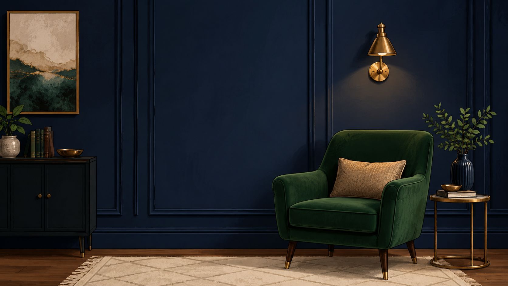 A sophisticated reading corner featuring a deep green armchair against a dark navy blue paneled wall.