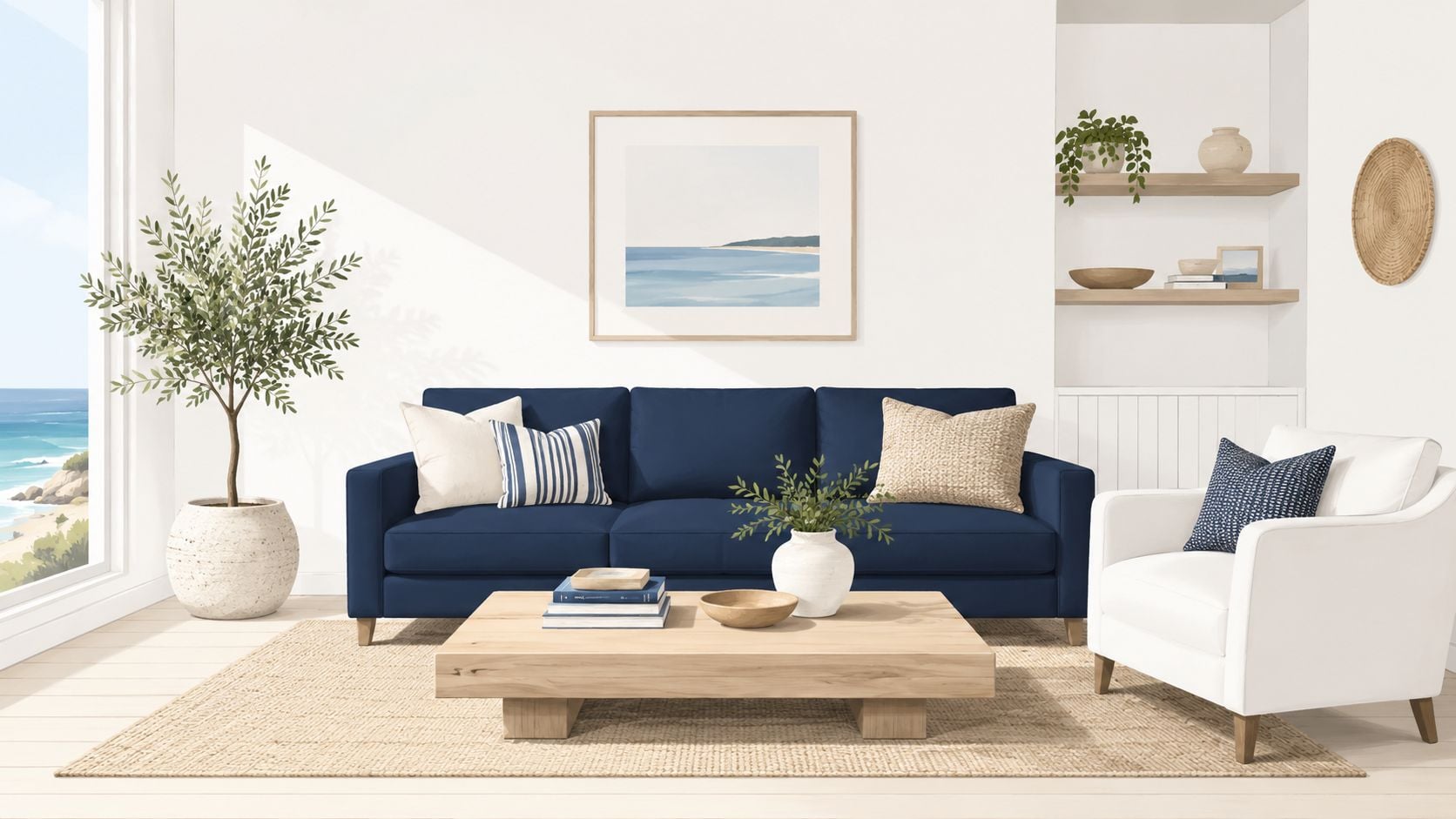 A bright coastal living room featuring a navy blue sofa with cream and striped pillows.