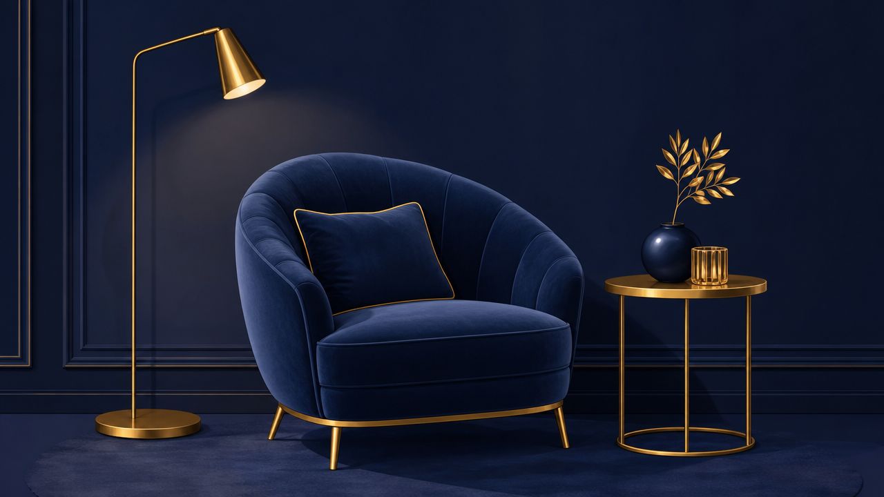 A luxurious blue velvet armchair placed next to a gold floor lamp and side table in a dark room.