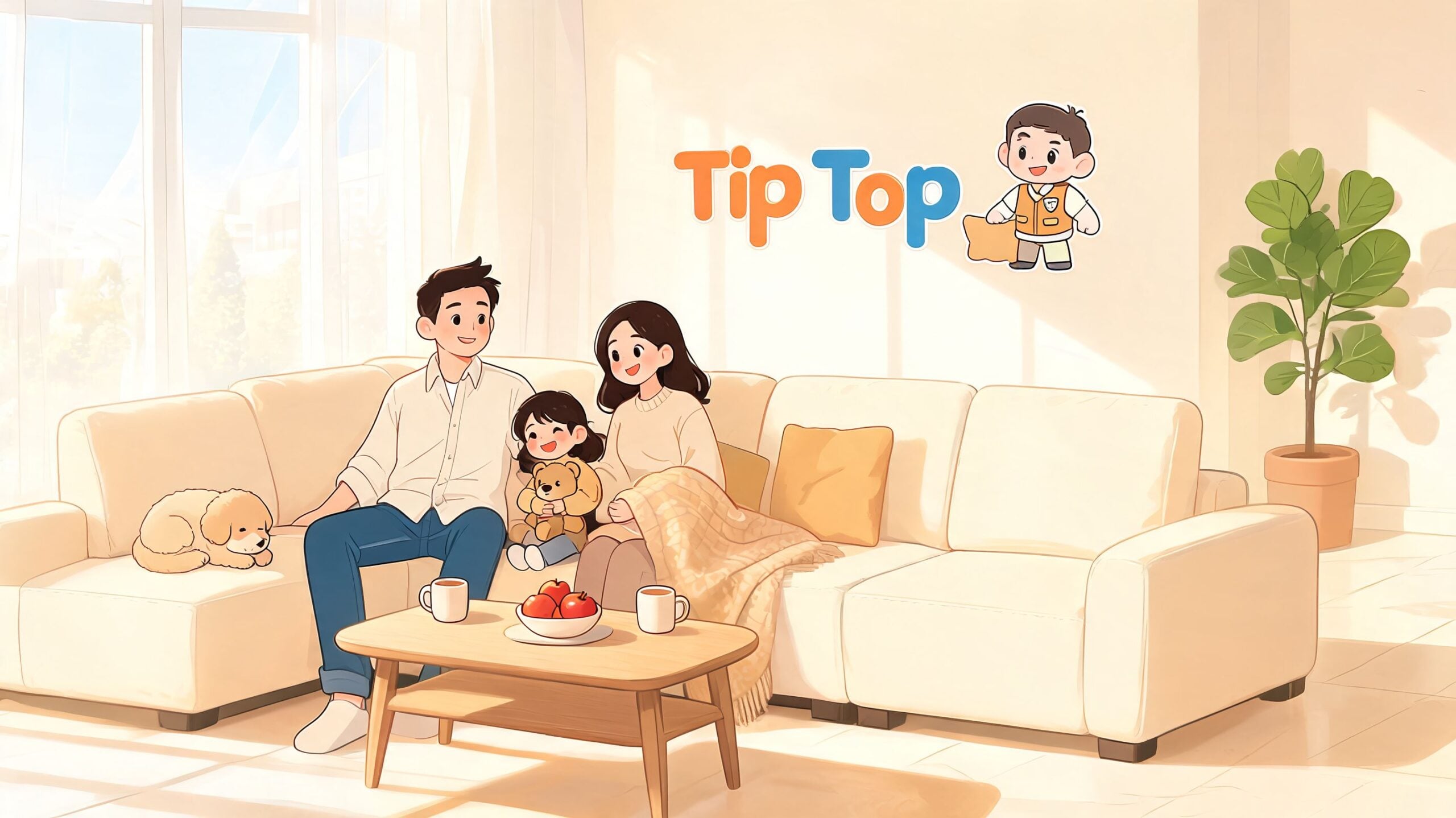 A happy family sitting on a comfortable cream-colored corner sofa in a sunny living room interior.