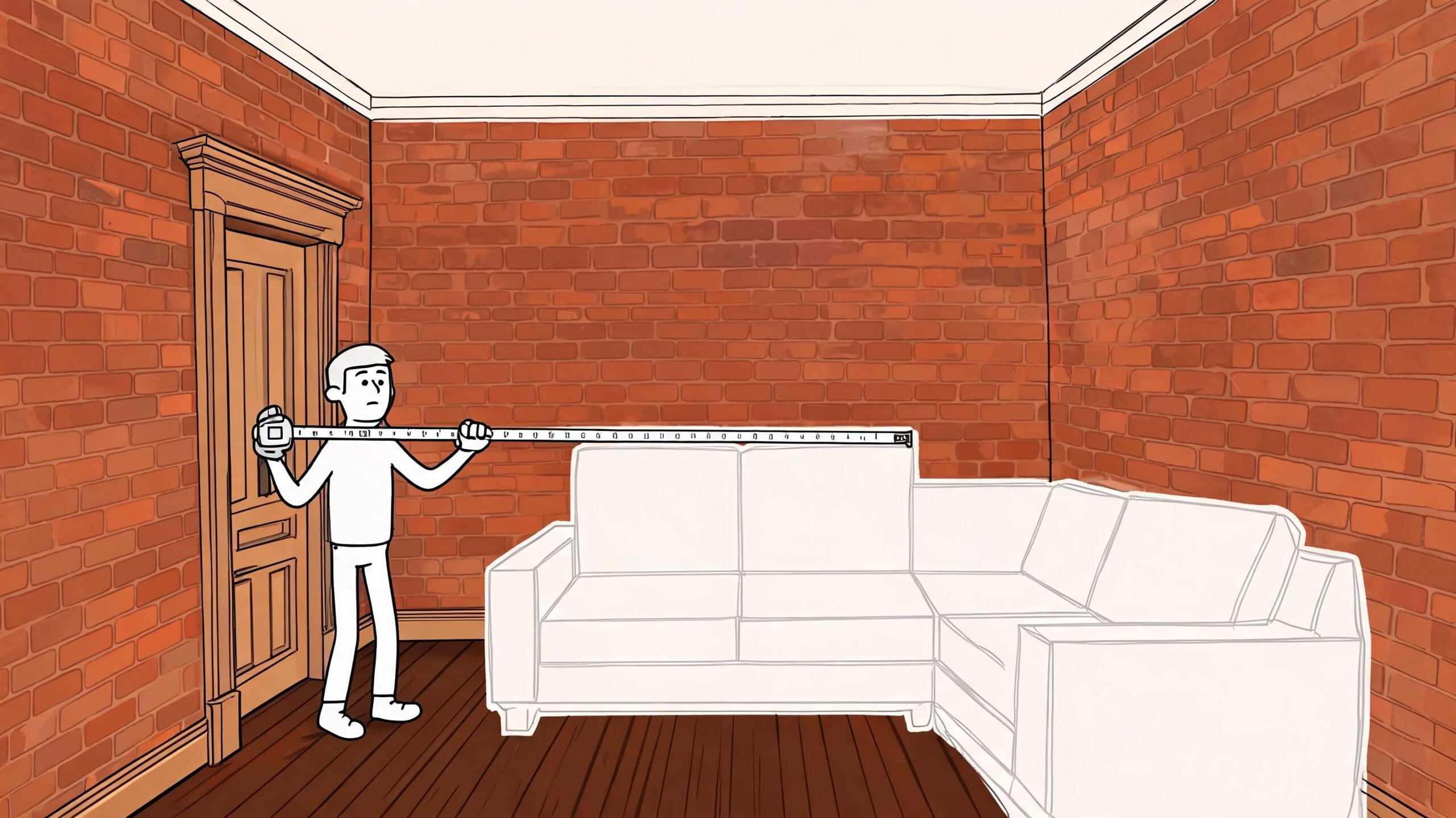 A man measuring the length of a white corner sofa in an empty room with brick walls.