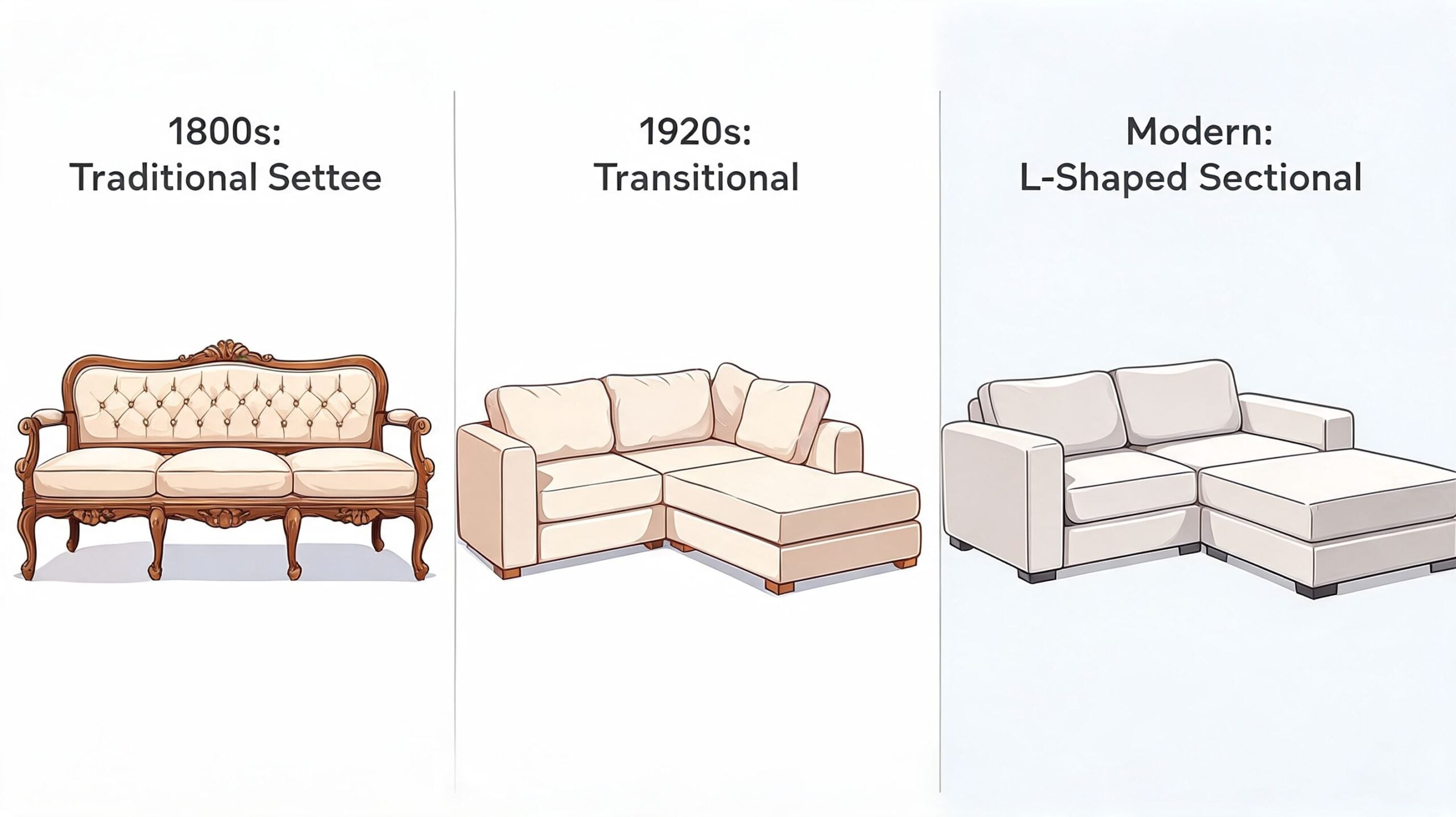 An illustration comparing the evolution of sofa styles from an 1800s settee to a modern sectional.