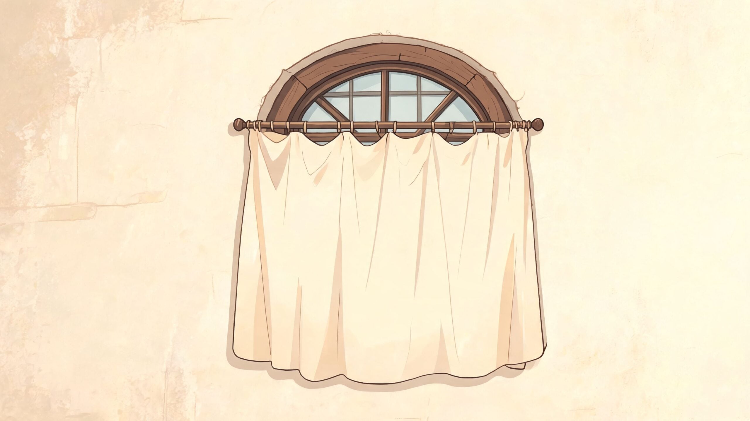 A rustic arched window with a neutral cream curtain hanging on a wooden rod against a textured wall.