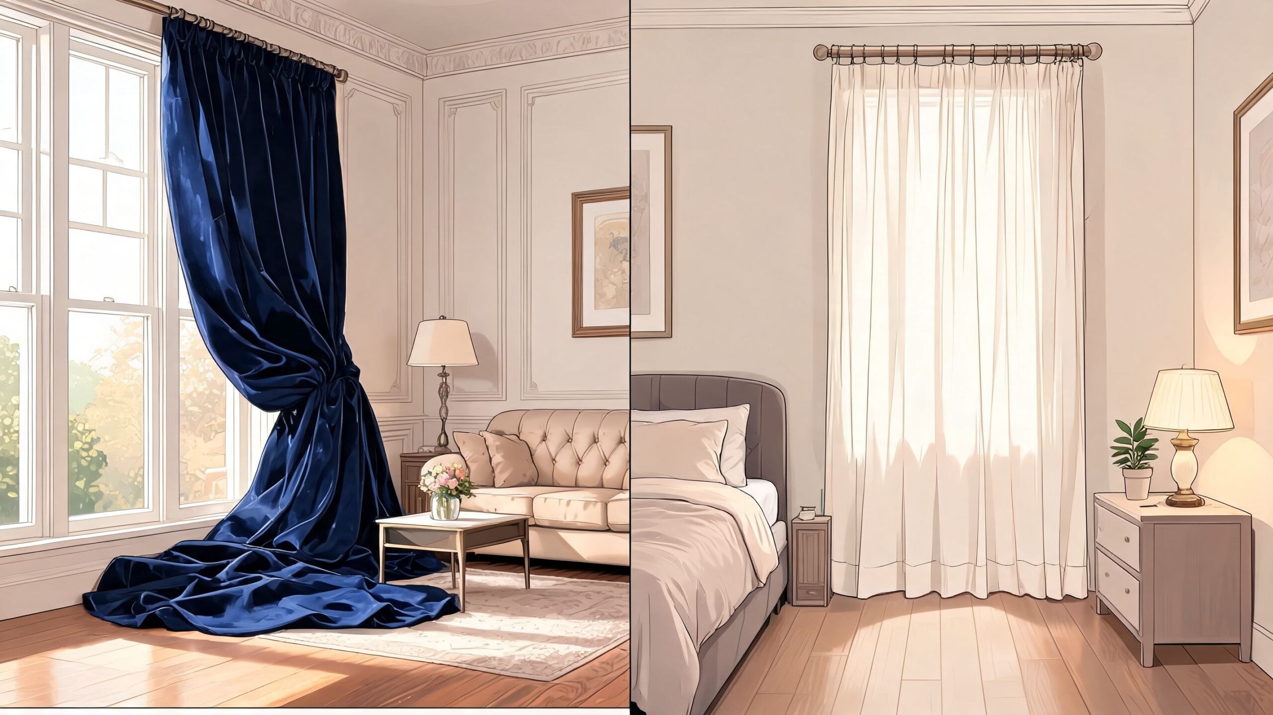 A split-screen comparison showing long dramatic blue curtains versus appropriately length-fitted white curtains in room settings.