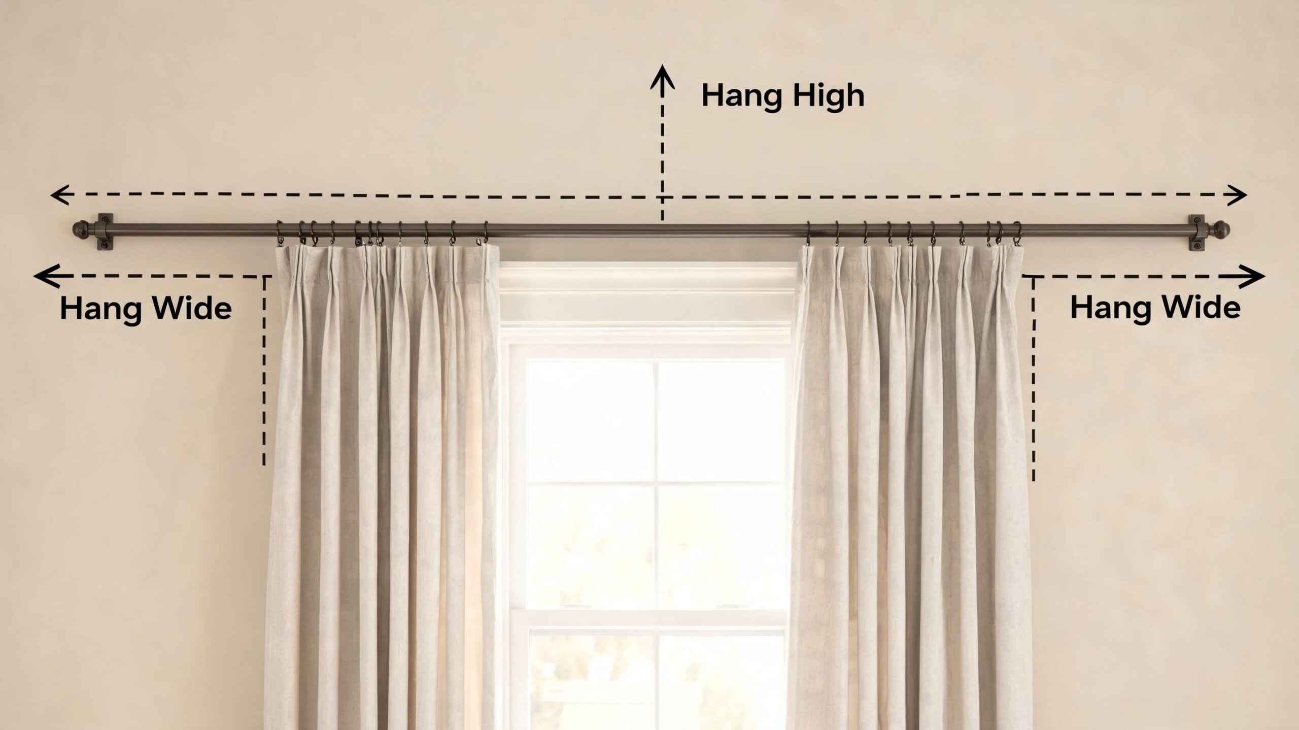 A diagram demonstrating how to hang curtain rods high and wide for a window treatment guide.