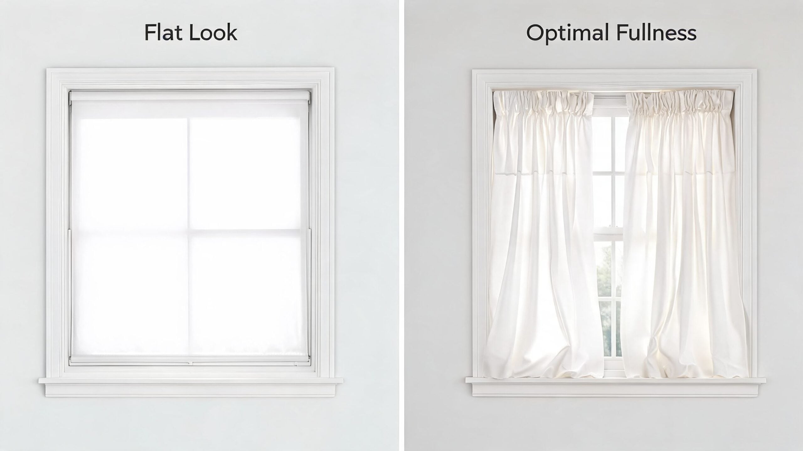 A side-by-side comparison of a window with flat roller shades and a window with gathered curtains.
