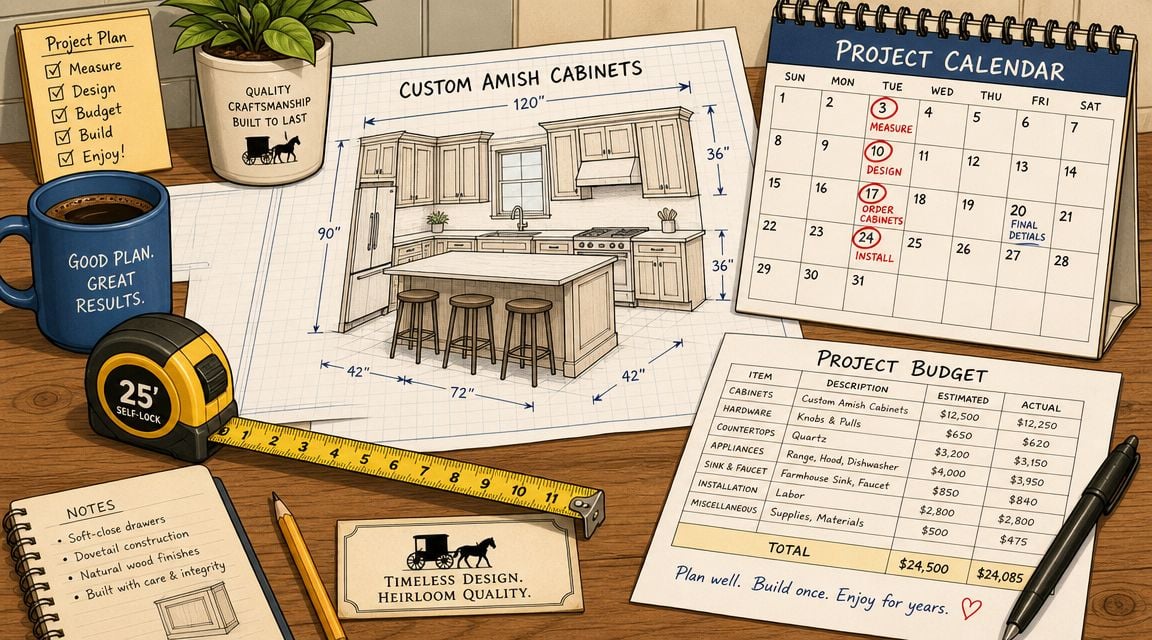 A planning desk featuring custom amish cabinet blueprints, a project budget, a calendar, and construction tools.