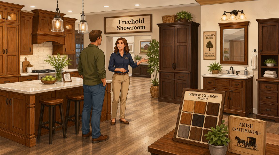 A professional showroom consultant discussing custom Amish cabinetry and wood finishes with a customer in a store.
