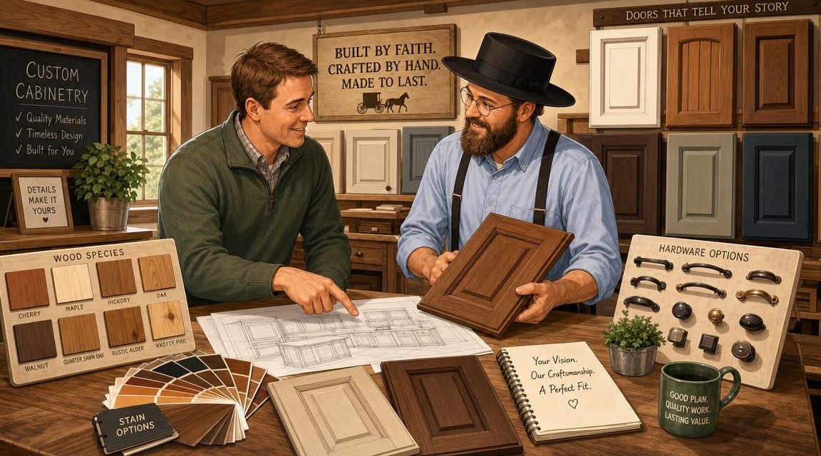 A customer discussing cabinet designs and wood finishes with an Amish craftsman in a woodshop.