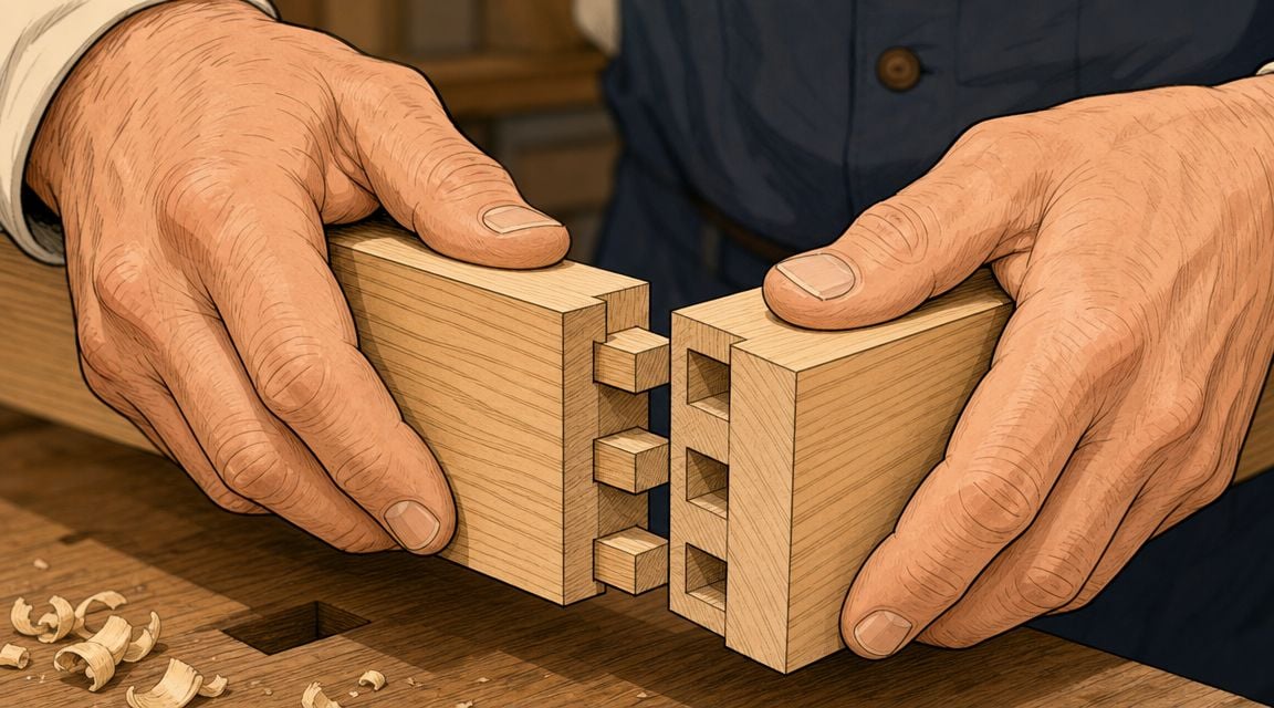 A close-up view of a woodworker hands assembling a wooden box joint for custom Amish cabinetry.