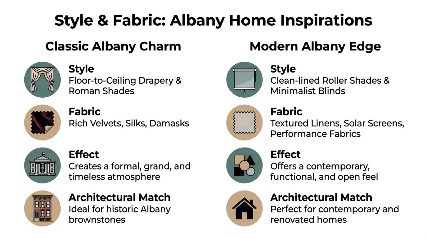 A comparison chart showing two home interior styles, Classic Albany Charm and Modern Albany Edge window treatments.