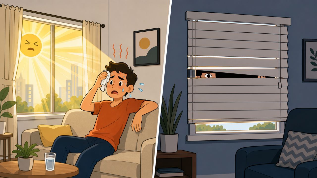 Comparison of a bright, overheated room with sunlight and a cool room with closed window blinds.