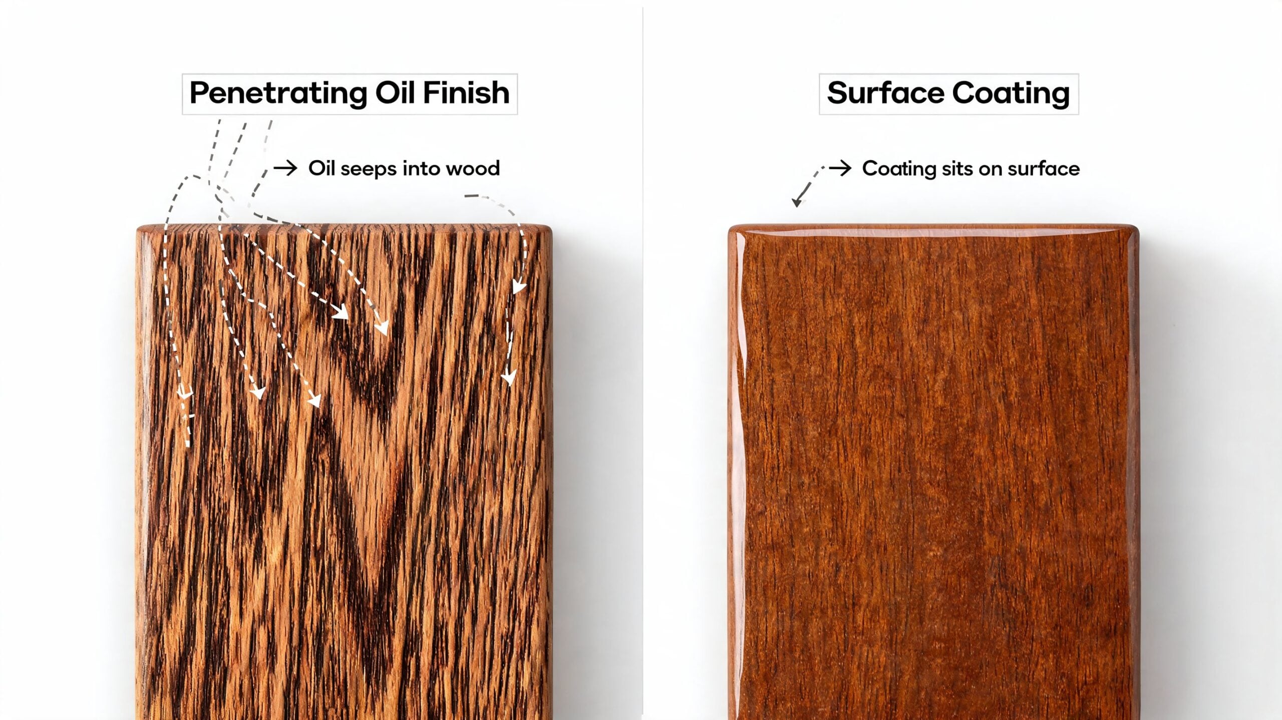 A comparison illustration showing a penetrating oil finish soaking into wood versus a glossy surface coating.