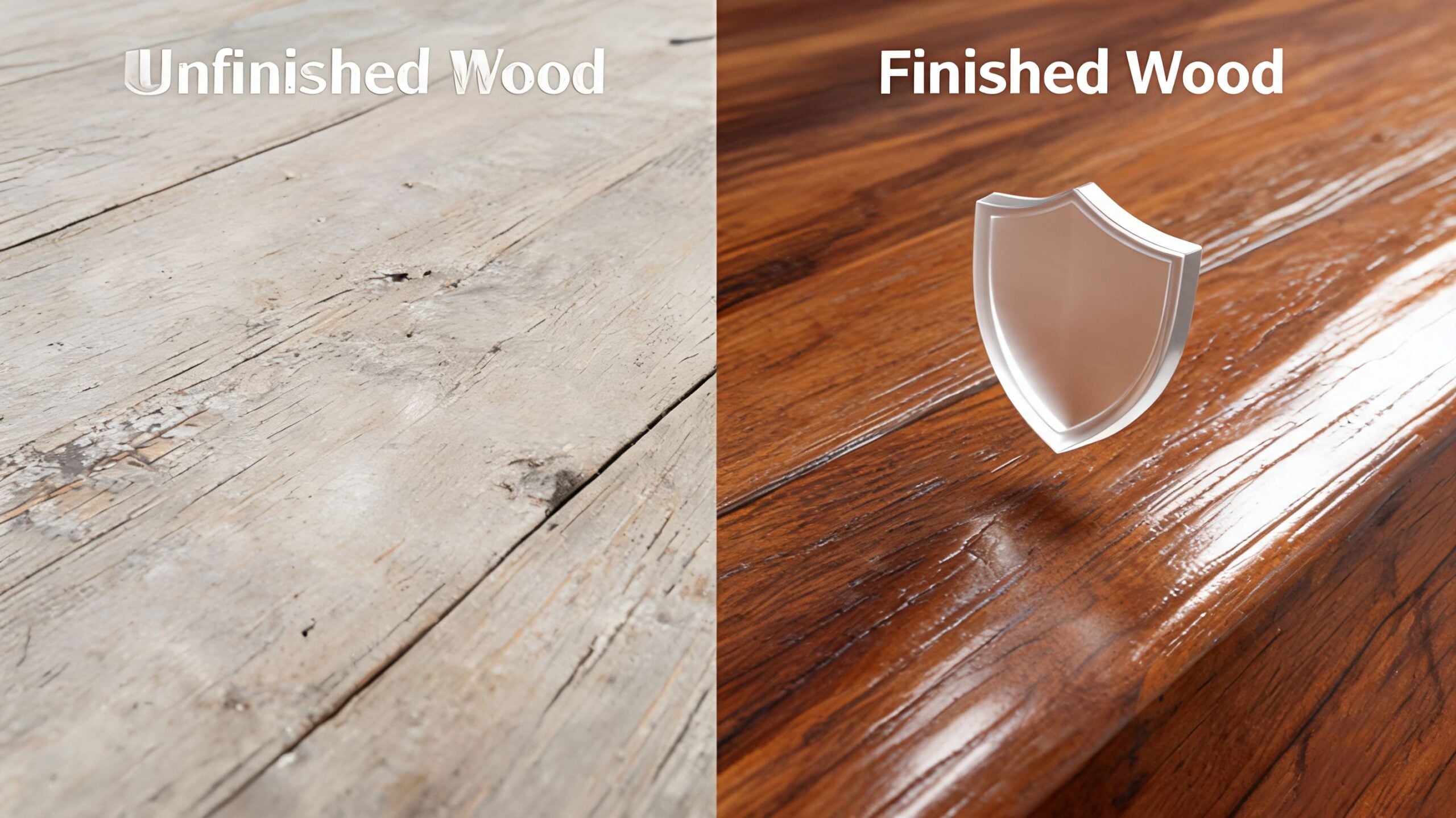 A split-screen comparison showing raw unfinished light wood next to glossy, protected finished dark wood with a shield.