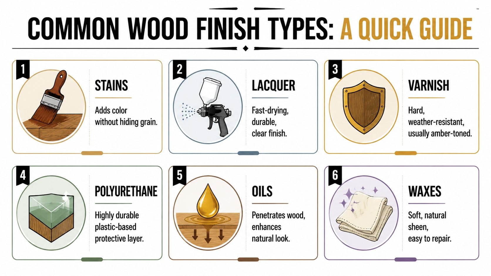 A quick guide infographic displaying six common wood finish types including stains, lacquer, varnish, polyurethane, oils, and waxes.