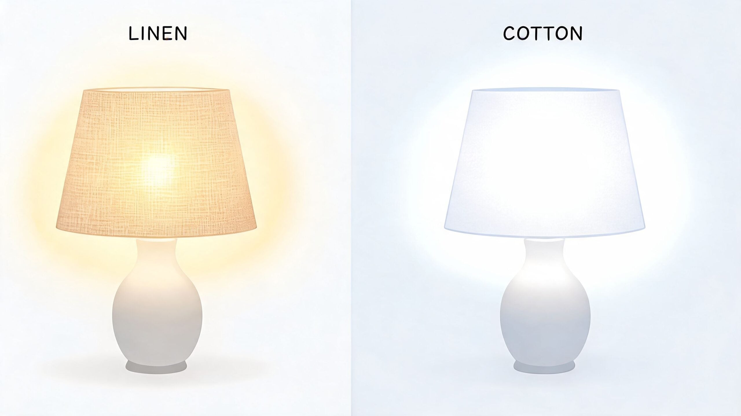 Comparison of two table lamps with linen and cotton shades, illustrating different light diffusion and texture.