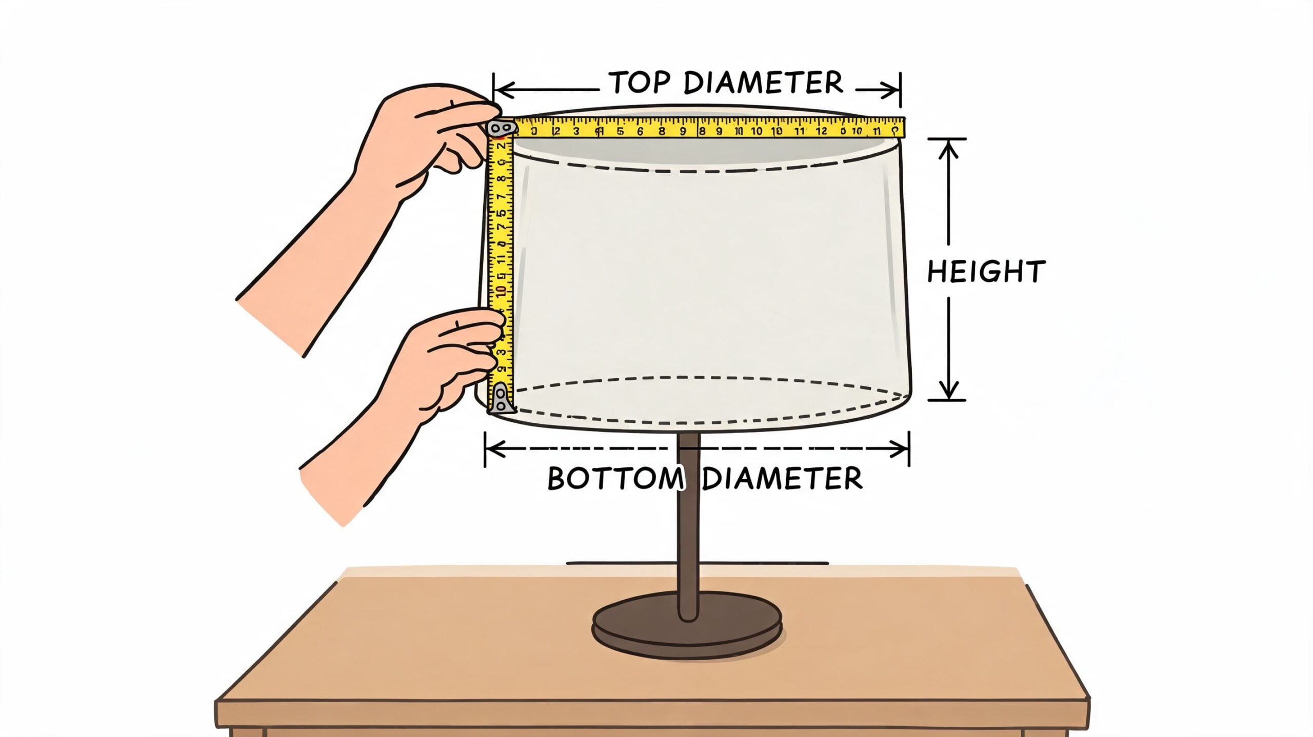 A hand using a tape measure to determine the dimensions of a lamp shade for sizing.